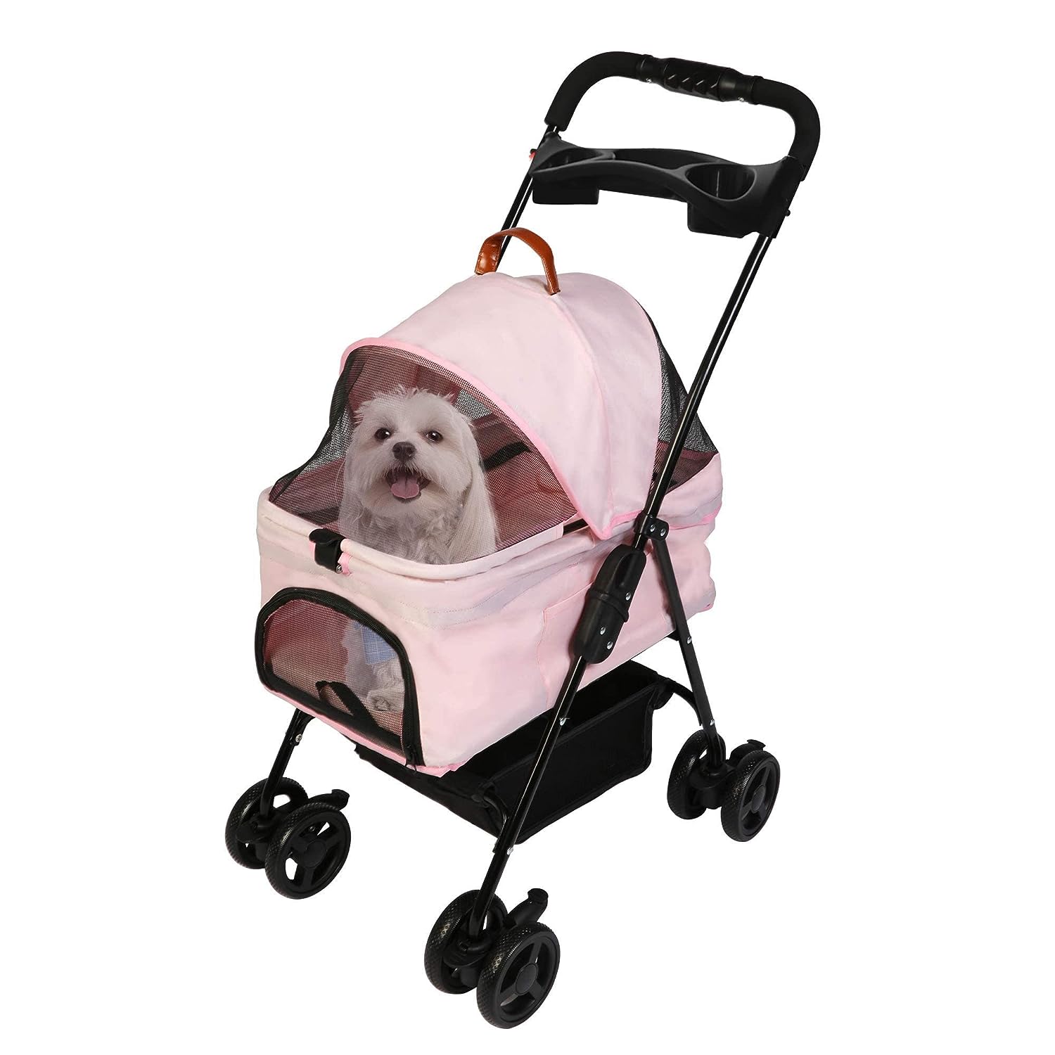 Folding Dog Stroller Carrier Pet Stroller with Storage Basket and Multiple Mesh Windows, Pink