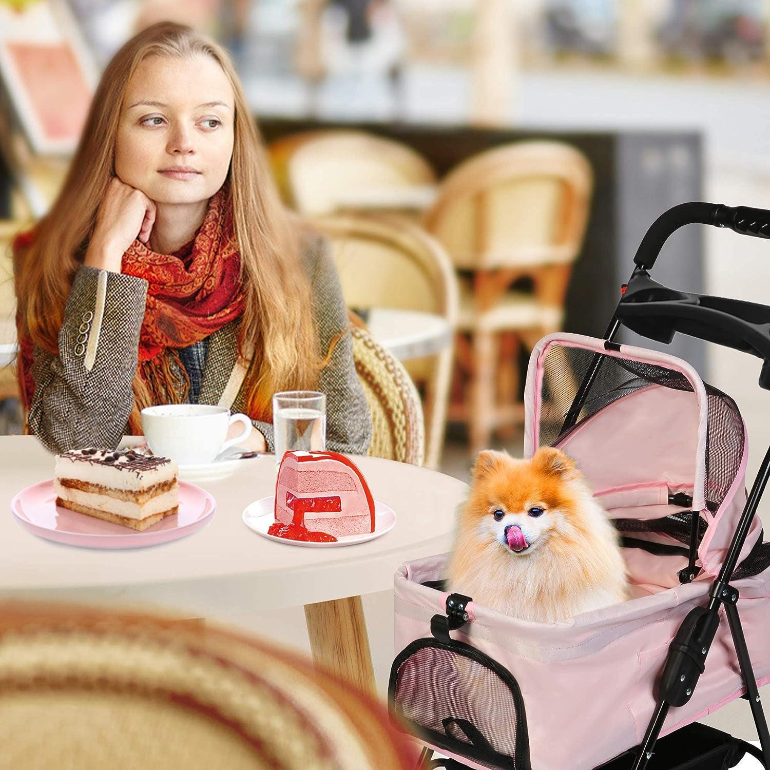 LUCKYERMORE Folding Dog Stroller Carrier Pet Stroller with Storage Basket and Multiple Mesh Windows, Pink