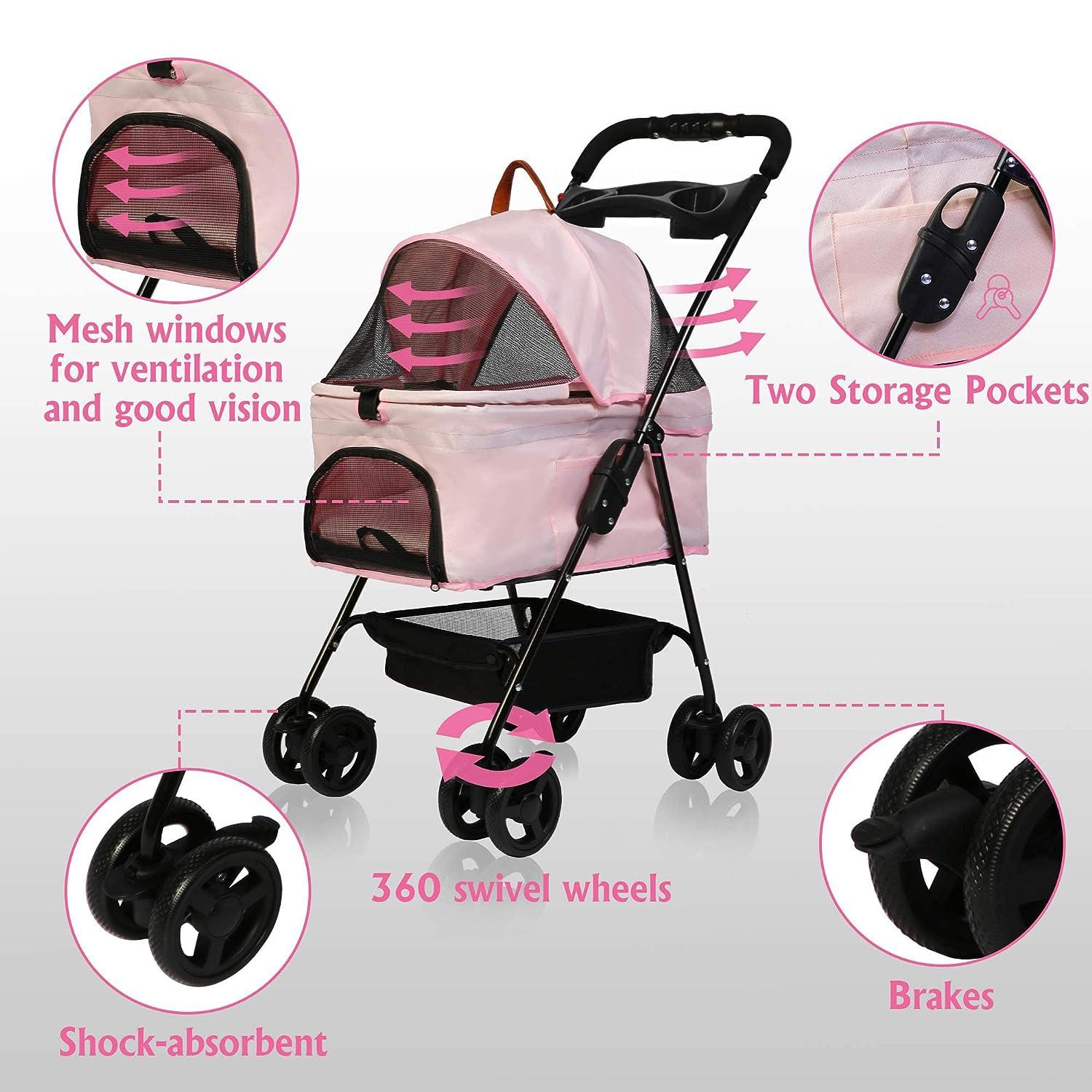 LUCKYERMORE Folding Dog Stroller Carrier Pet Stroller with Storage Basket and Multiple Mesh Windows, Pink