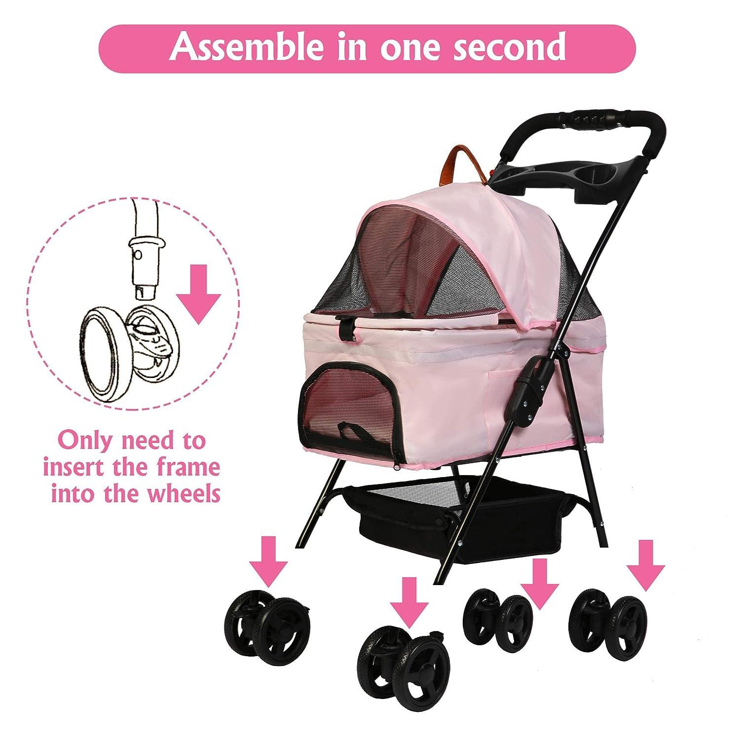 LUCKYERMORE Folding Dog Stroller Carrier Pet Stroller with Storage Basket and Multiple Mesh Windows, Pink