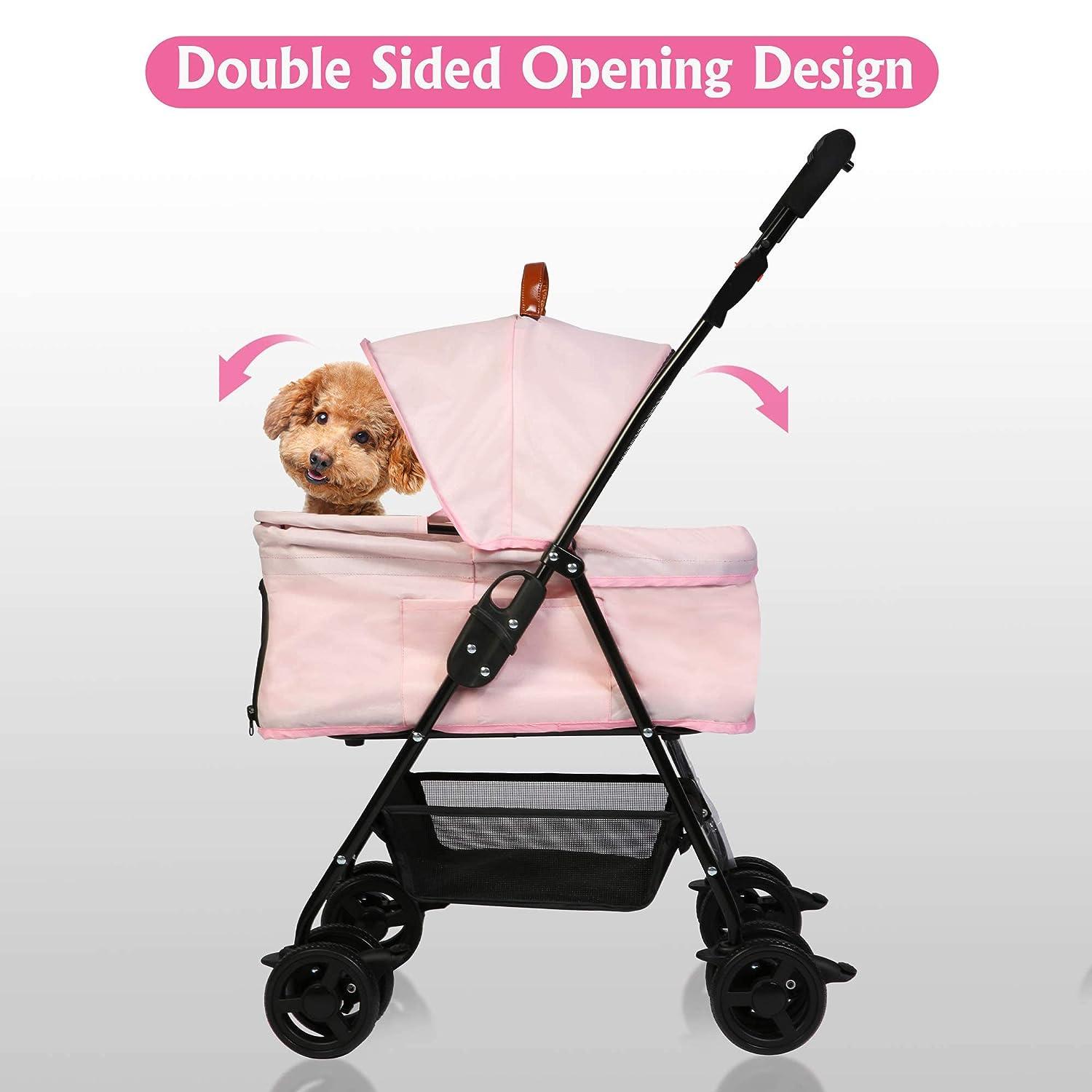 LUCKYERMORE Folding Dog Stroller Carrier Pet Stroller with Storage Basket and Multiple Mesh Windows, Pink