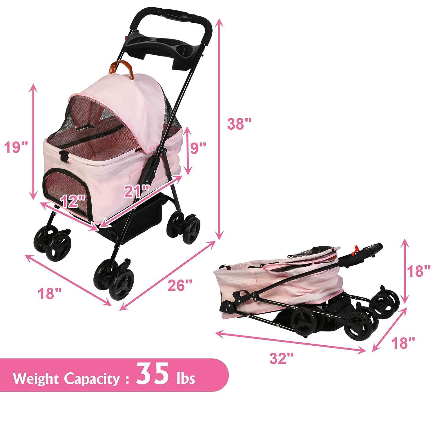 LUCKYERMORE Folding Dog Stroller Carrier Pet Stroller with Storage Basket and Multiple Mesh Windows, Pink