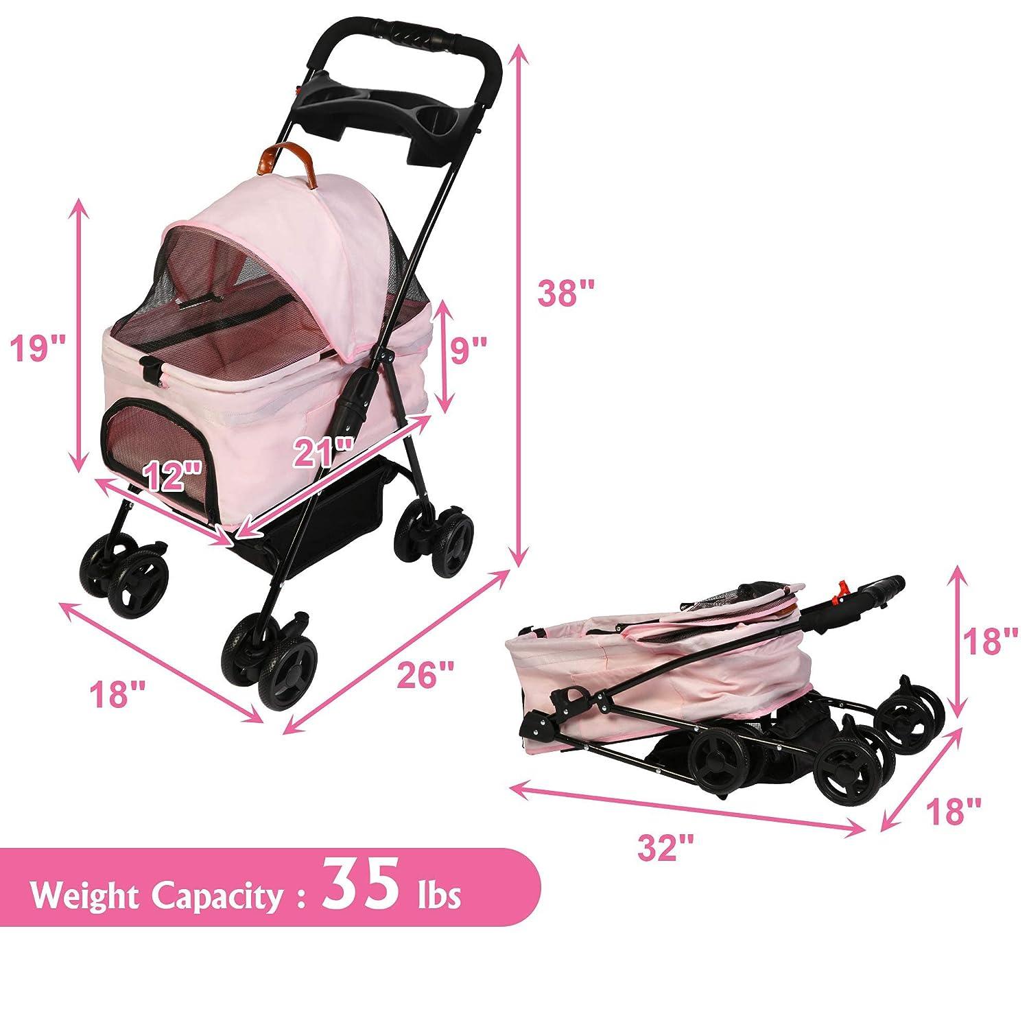 Folding Dog Stroller Carrier Pet Stroller with Storage Basket and Multiple Mesh Windows, Pink