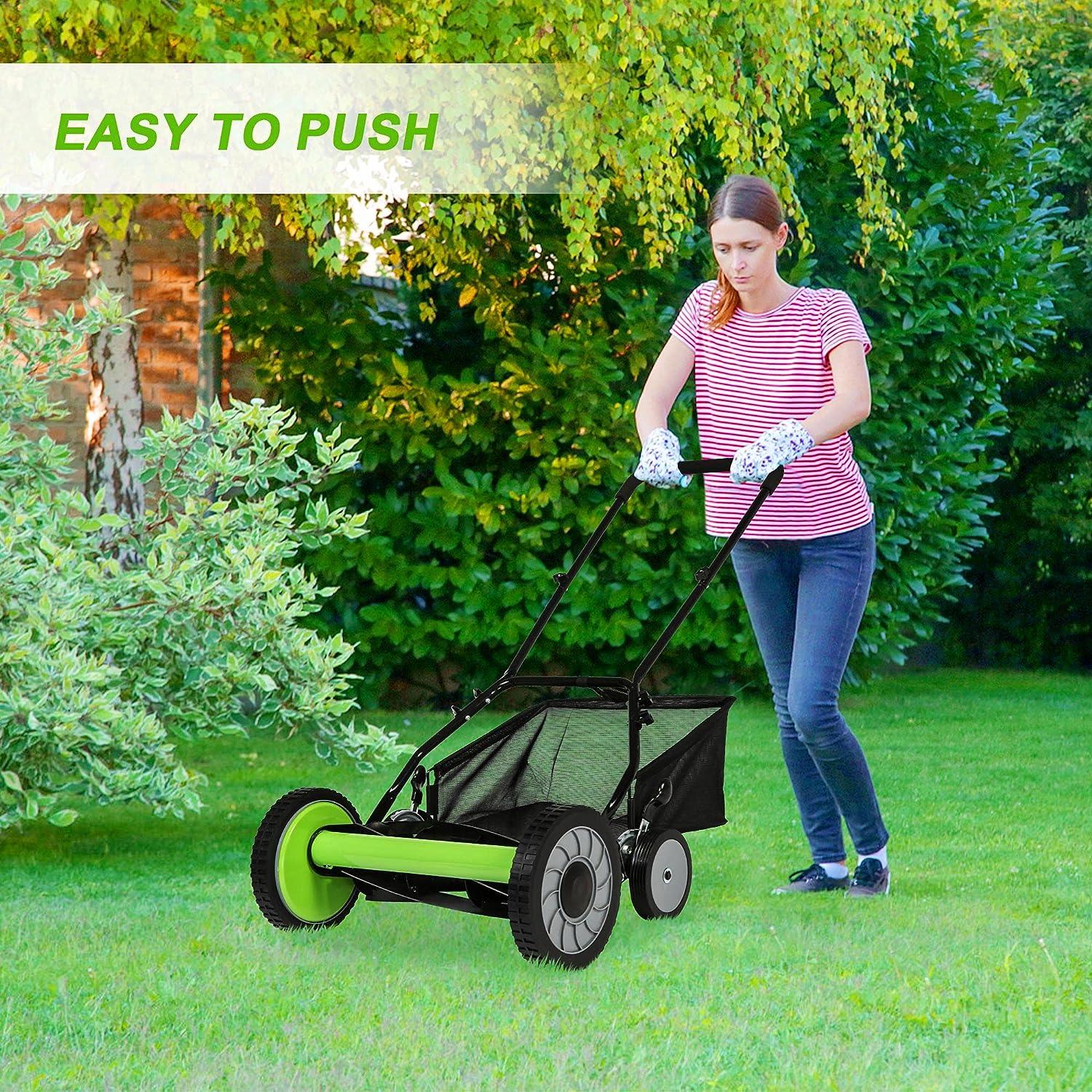 16" Push Cordless Lawn Mower 5-Blade Manual Walk-behind Mower with Detachable Grass Catcher, 4 Wheels - Luckyermore