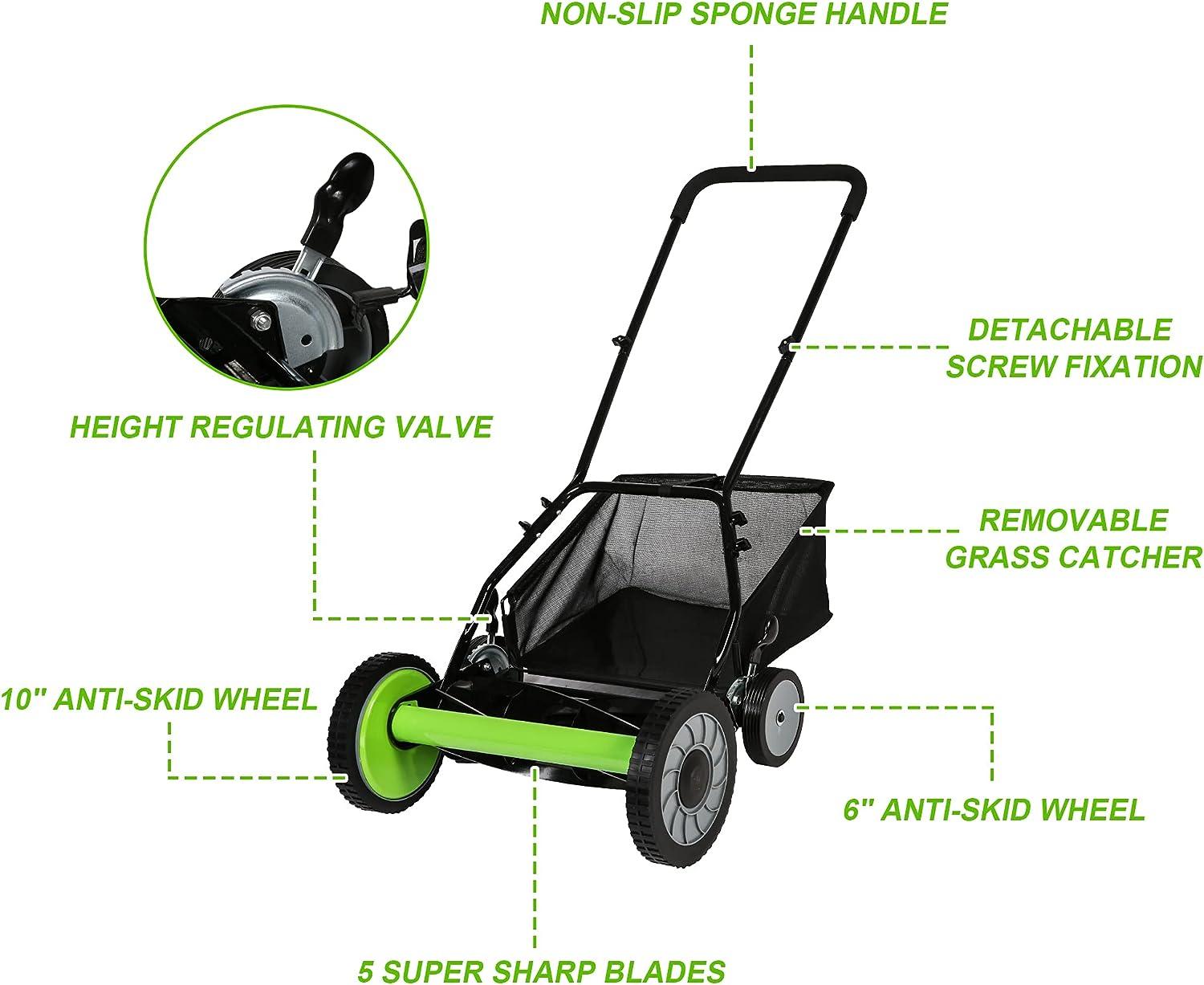 16" Push Cordless Lawn Mower 5-Blade Manual Walk-behind Mower with Detachable Grass Catcher, 4 Wheels - Luckyermore