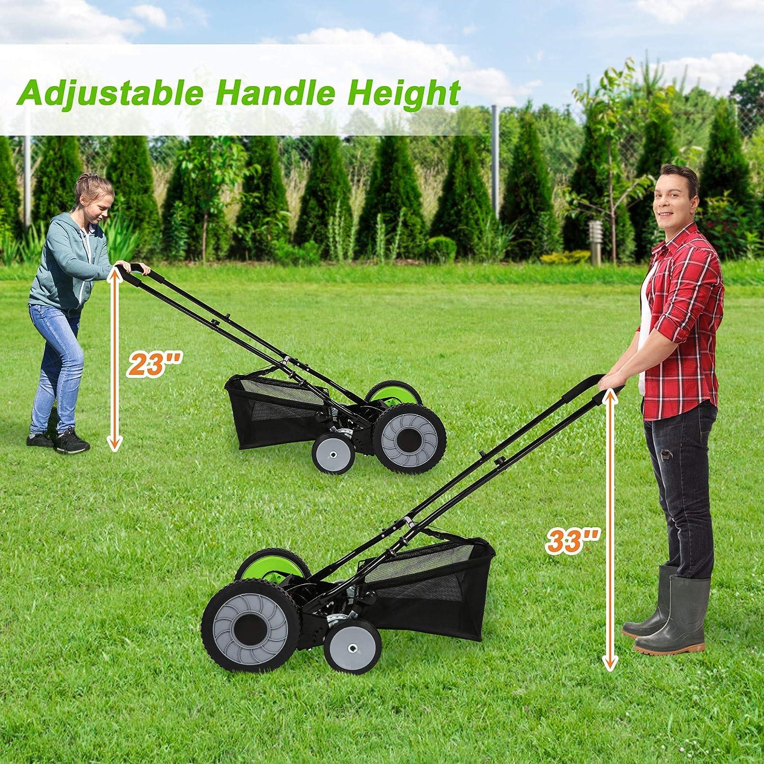 16" Push Cordless Lawn Mower 5-Blade Manual Walk-behind Mower with Detachable Grass Catcher, 4 Wheels - Luckyermore