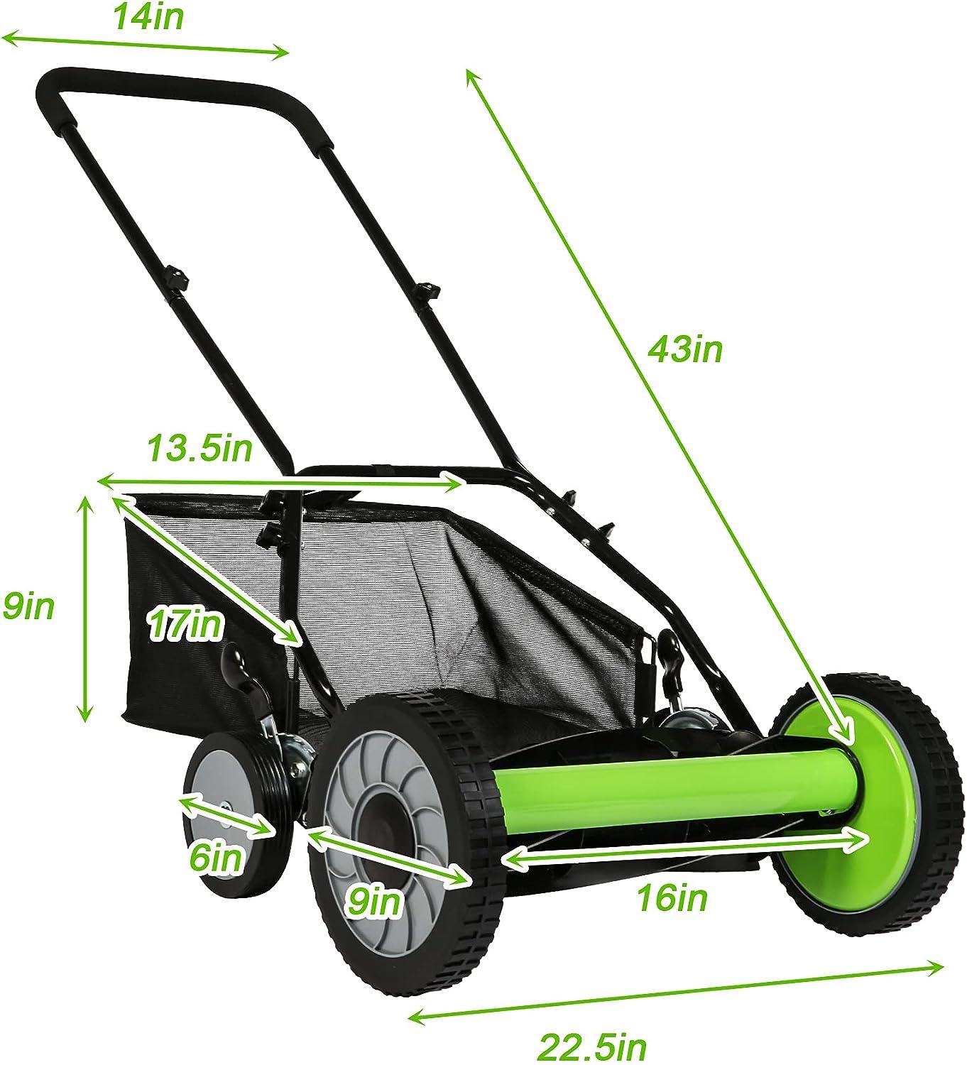 16" Push Cordless Lawn Mower 5-Blade Manual Walk-behind Mower with Detachable Grass Catcher, 4 Wheels - Luckyermore