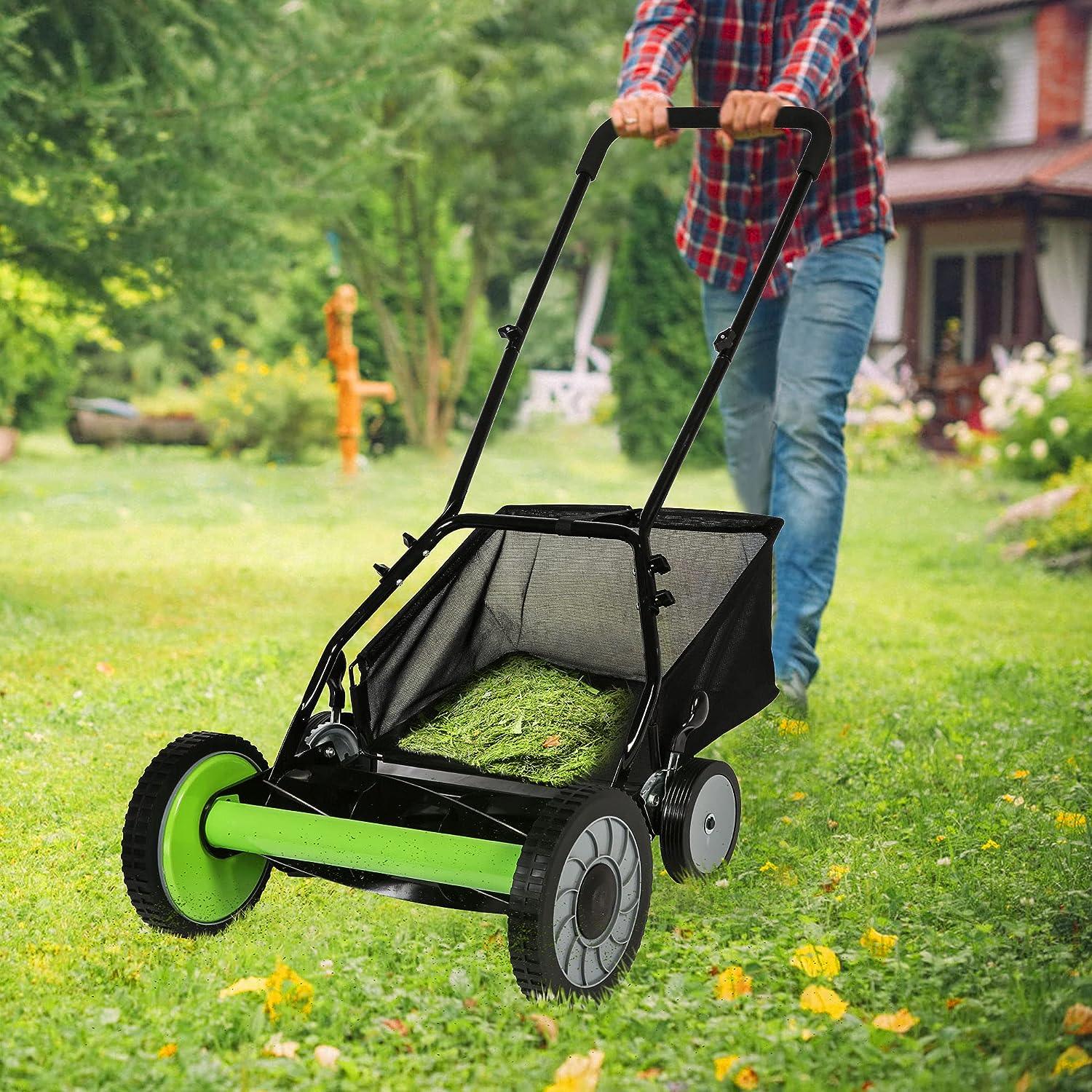 16" Push Cordless Lawn Mower 5-Blade Manual Walk-behind Mower with Detachable Grass Catcher, 4 Wheels - Luckyermore