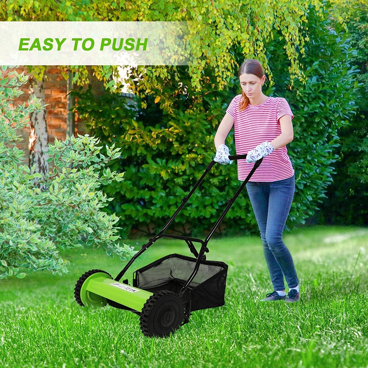 16" Push Cordless Lawn Mower 5-Blade Manual Walk-behind Mower with Detachable Grass Catcher, 2 Wheels - Luckyermore