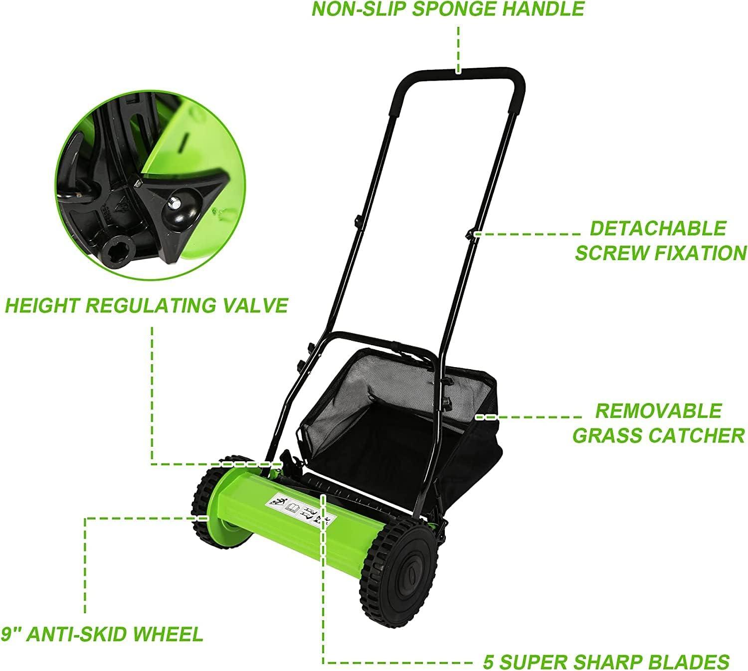 16" Push Cordless Lawn Mower 5-Blade Manual Walk-behind Mower with Detachable Grass Catcher, 2 Wheels - Luckyermore