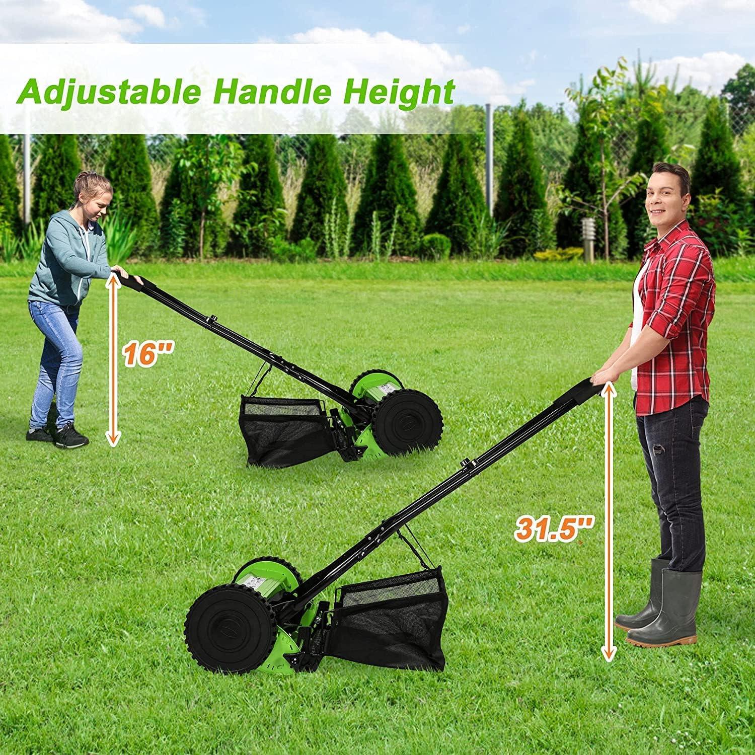 16" Push Cordless Lawn Mower 5-Blade Manual Walk-behind Mower with Detachable Grass Catcher, 2 Wheels - Luckyermore