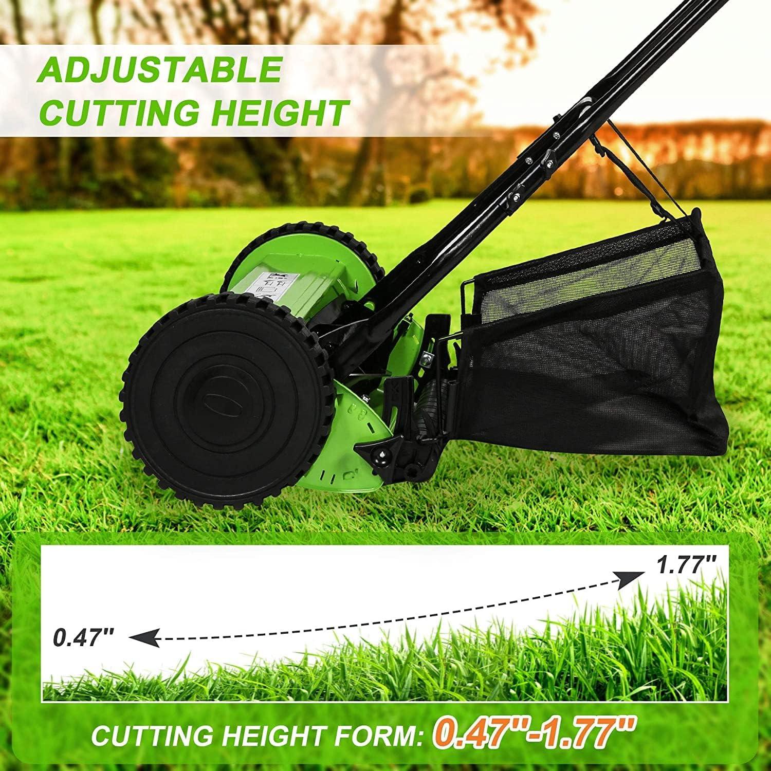 16" Push Cordless Lawn Mower 5-Blade Manual Walk-behind Mower with Detachable Grass Catcher, 2 Wheels - Luckyermore