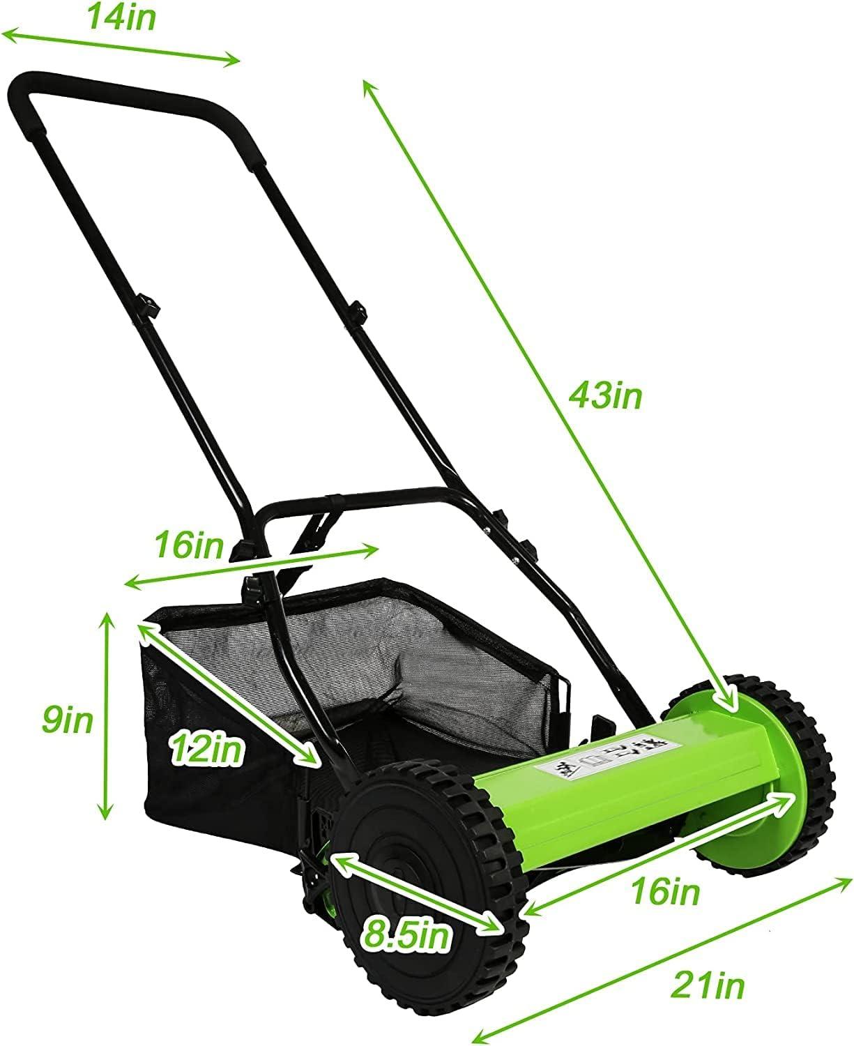 16" Push Cordless Lawn Mower 5-Blade Manual Walk-behind Mower with Detachable Grass Catcher, 2 Wheels - Luckyermore