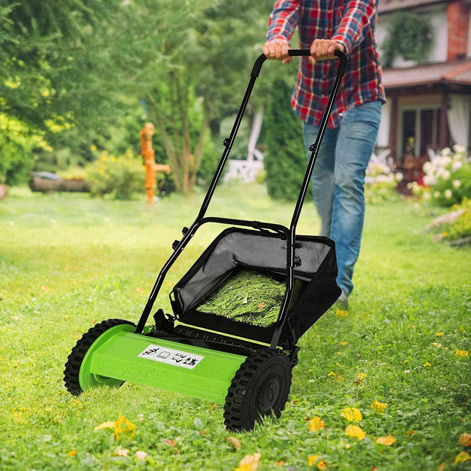 16" Push Cordless Lawn Mower 5-Blade Manual Walk-behind Mower with Detachable Grass Catcher, 2 Wheels - Luckyermore