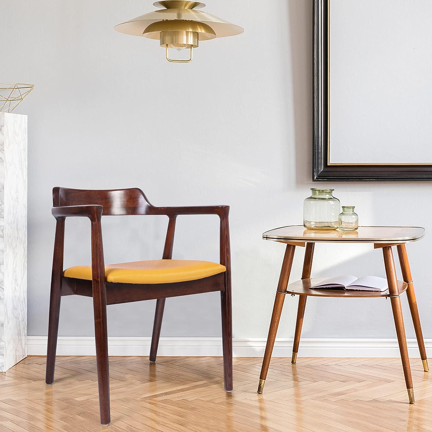Mid Century Dining Chair Beech Wood Upholstered Side Chair with Armrest, Yellow - Luckyermore