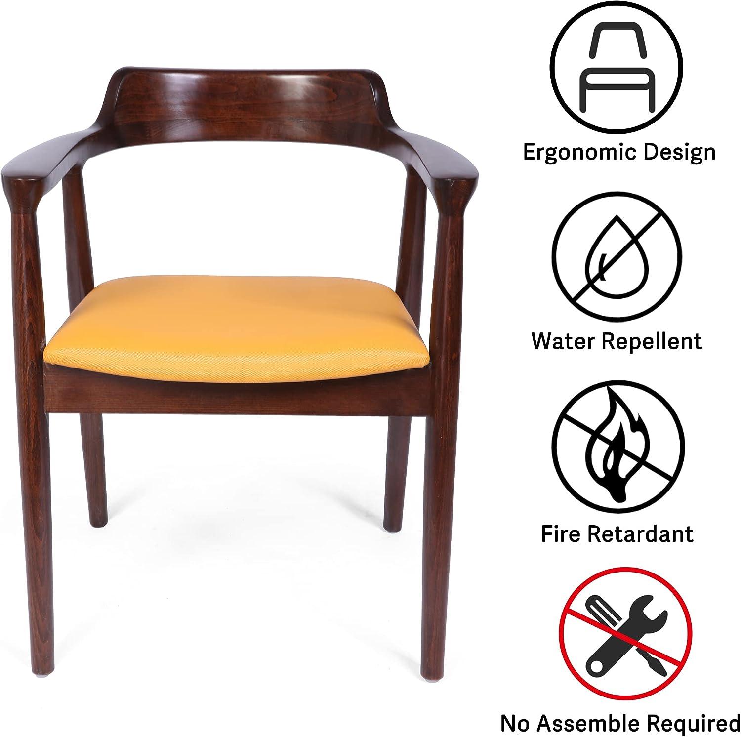 Mid Century Dining Chair Beech Wood Upholstered Side Chair with Armrest, Yellow - Luckyermore