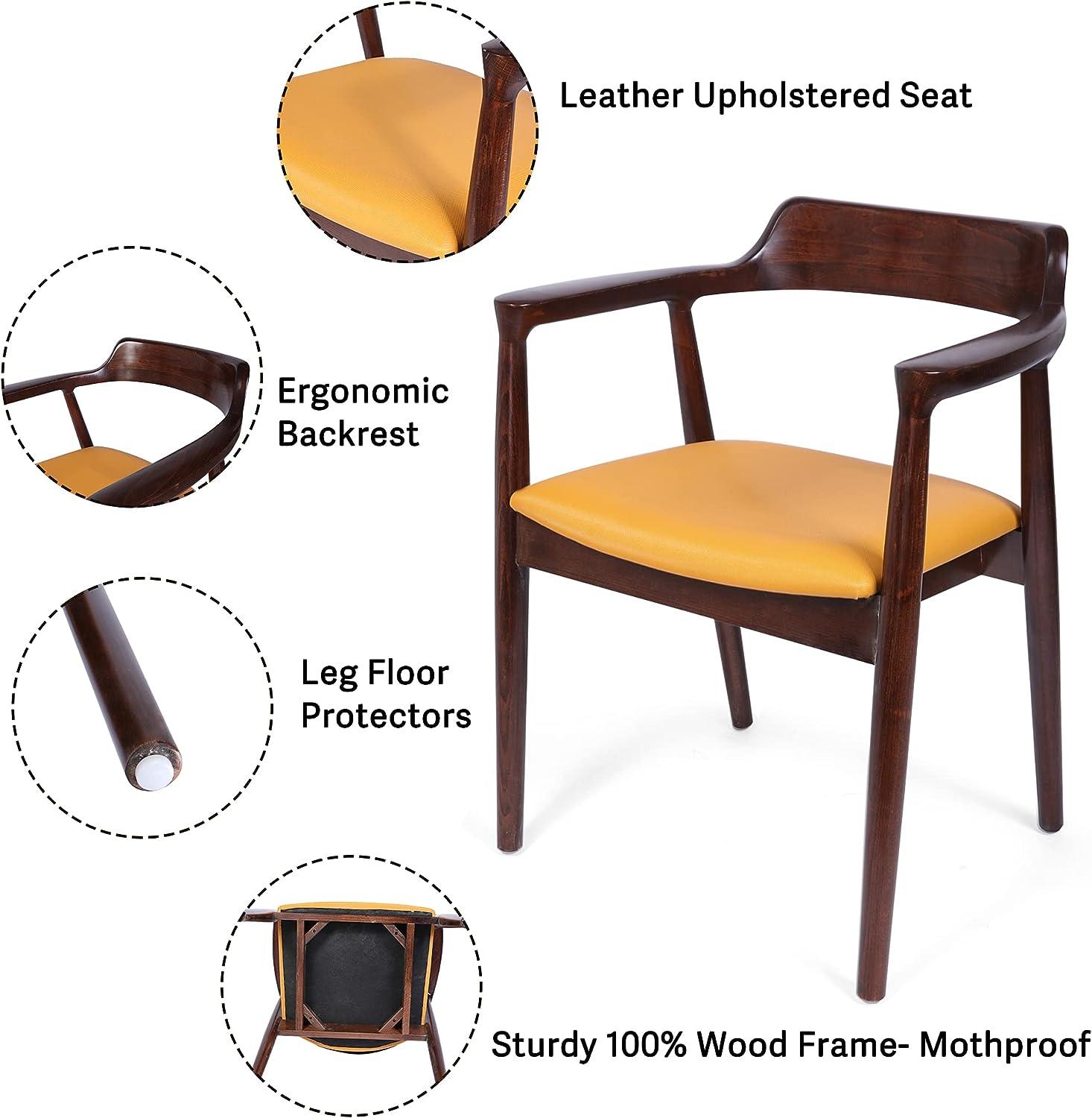 Mid Century Dining Chair Beech Wood Upholstered Side Chair with Armrest, Yellow - Luckyermore