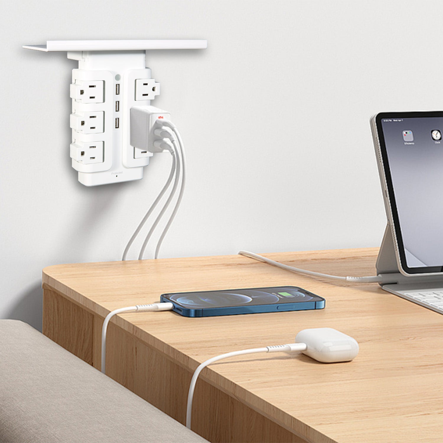 6 Outlet 3 USB Ports Rotating Power Strip with Surge Protector Wall Mount for Home Office