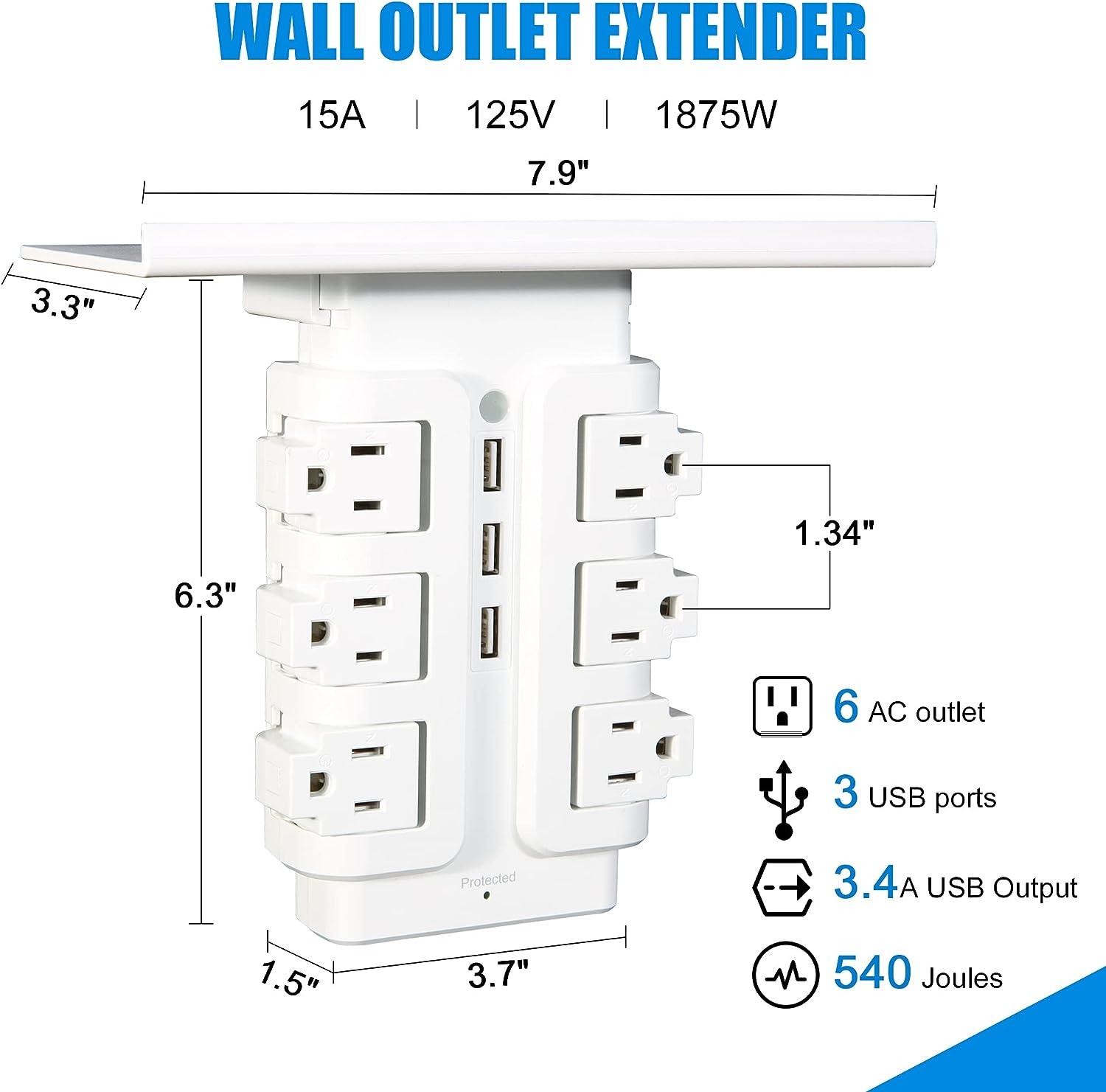 6 Outlet 3 USB Ports Rotating Power Strip with Surge Protector Wall Mount for Home Office