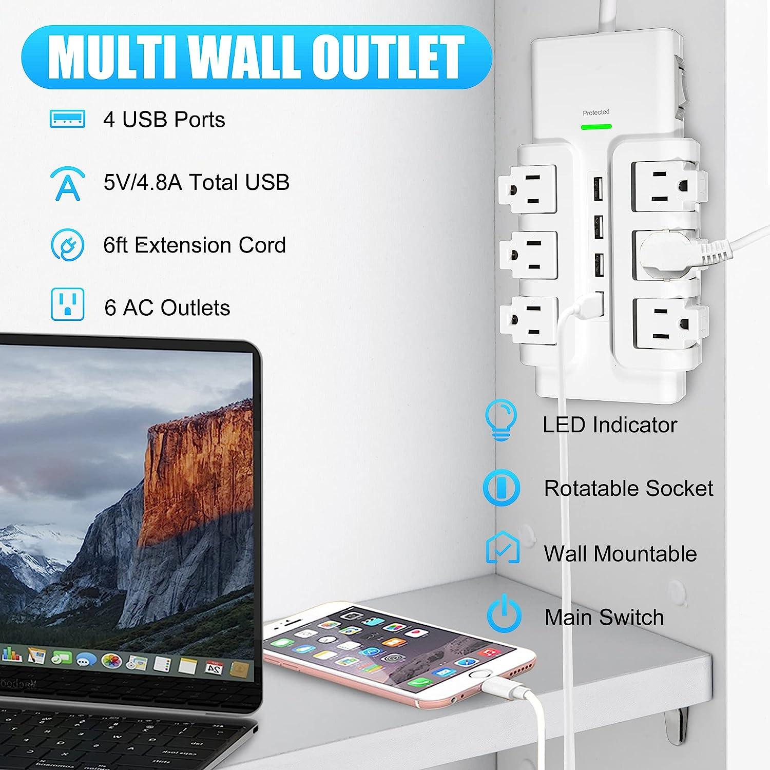 Luckyermore 6 Outlet 4 USB Ports Rotating Power Strip 6ft with Surge Protector Wall Mount for Home Office  