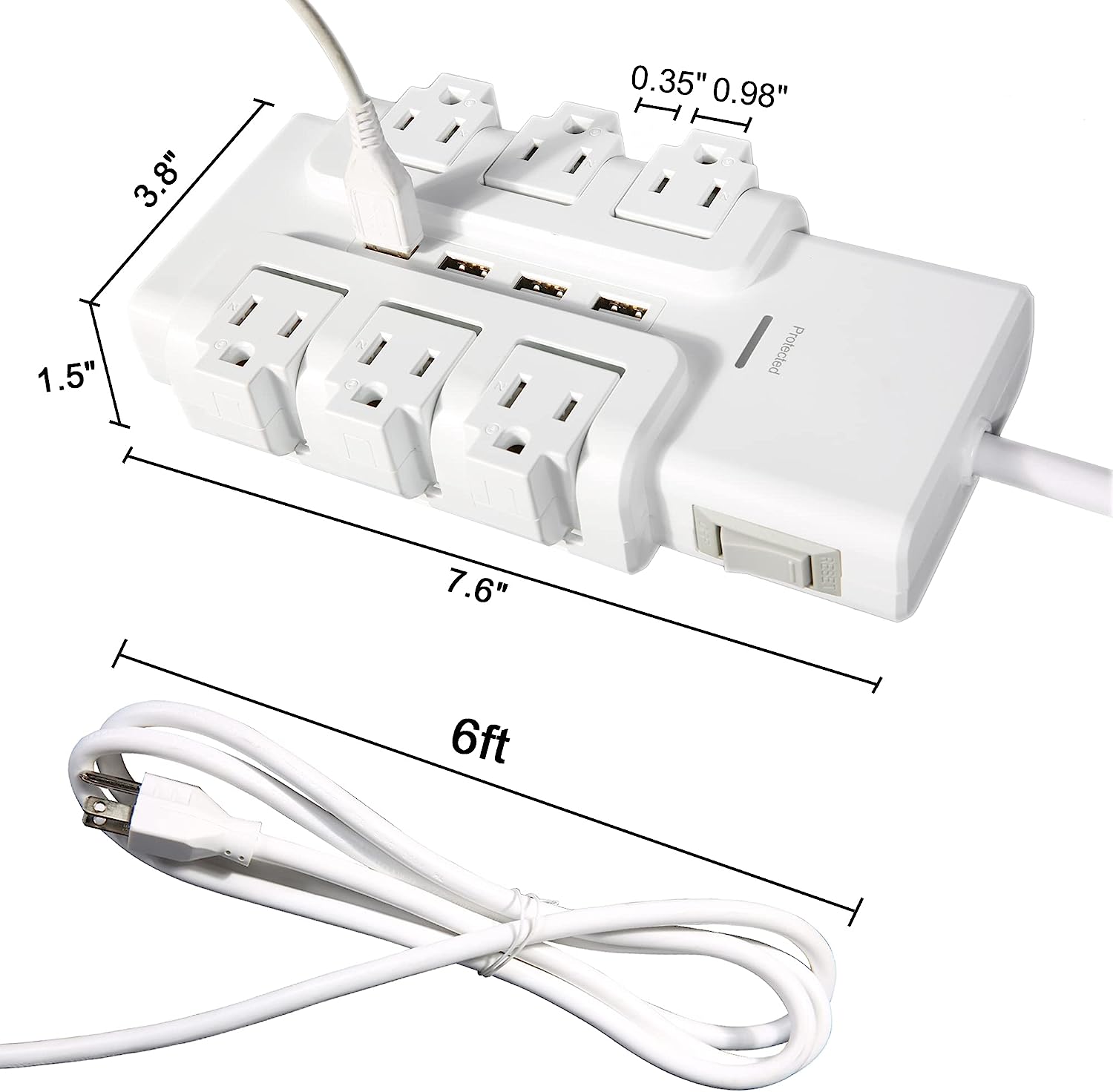 Luckyermore 6 Outlet 4 USB Ports Rotating Power Strip 6ft with Surge Protector Wall Mount for Home Office  