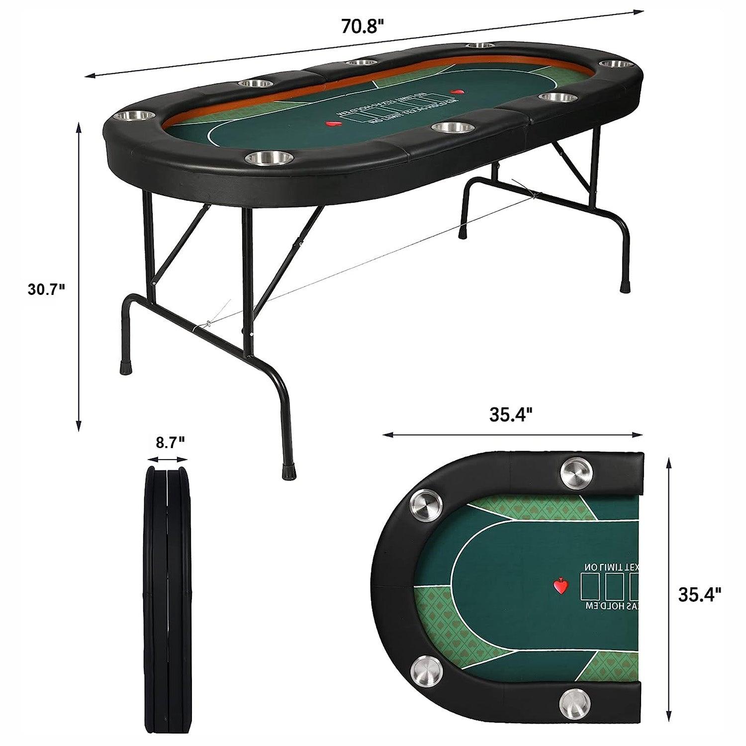 LUCKYERMORE 70.8" Folding Poker Table 8 Player Card Table with 8 Cup Holder for Texas Casino, Green