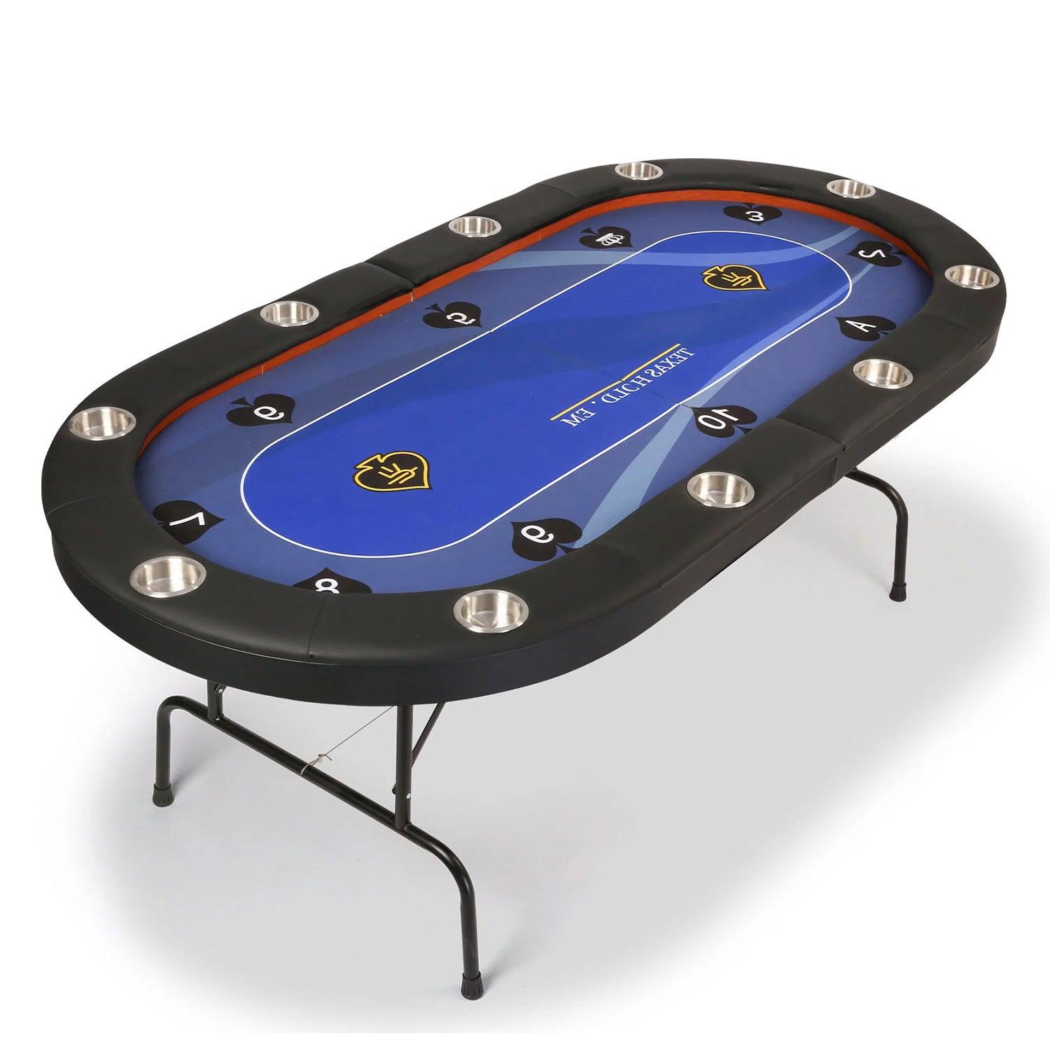 LUCKYERMORE 84" Folding Poker Table 10 Player Card Table with 10 Cup Holder for Texas Casino, Blue
