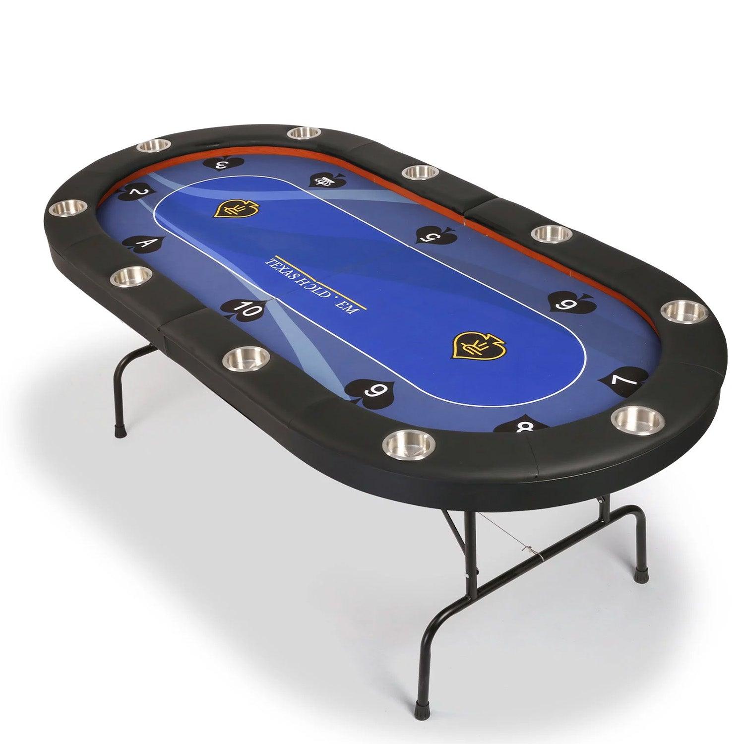 LUCKYERMORE 84" Folding Poker Table 10 Player Card Table with 10 Cup Holder for Texas Casino, Blue
