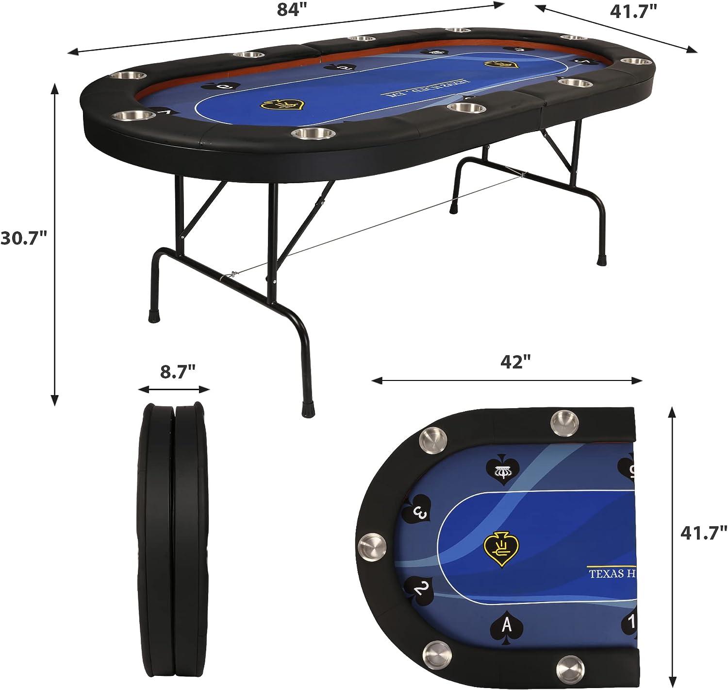 LUCKYERMORE 84" Folding Poker Table 10 Player Card Table with 10 Cup Holder for Texas Casino, Blue