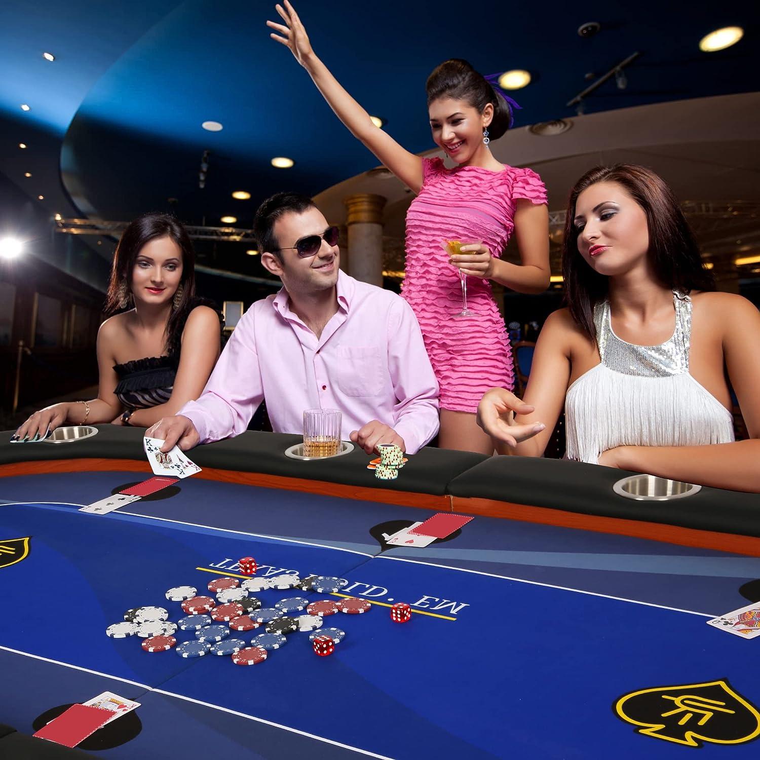 LUCKYERMORE 84" Folding Poker Table 10 Player Card Table with 10 Cup Holder for Texas Casino, Blue