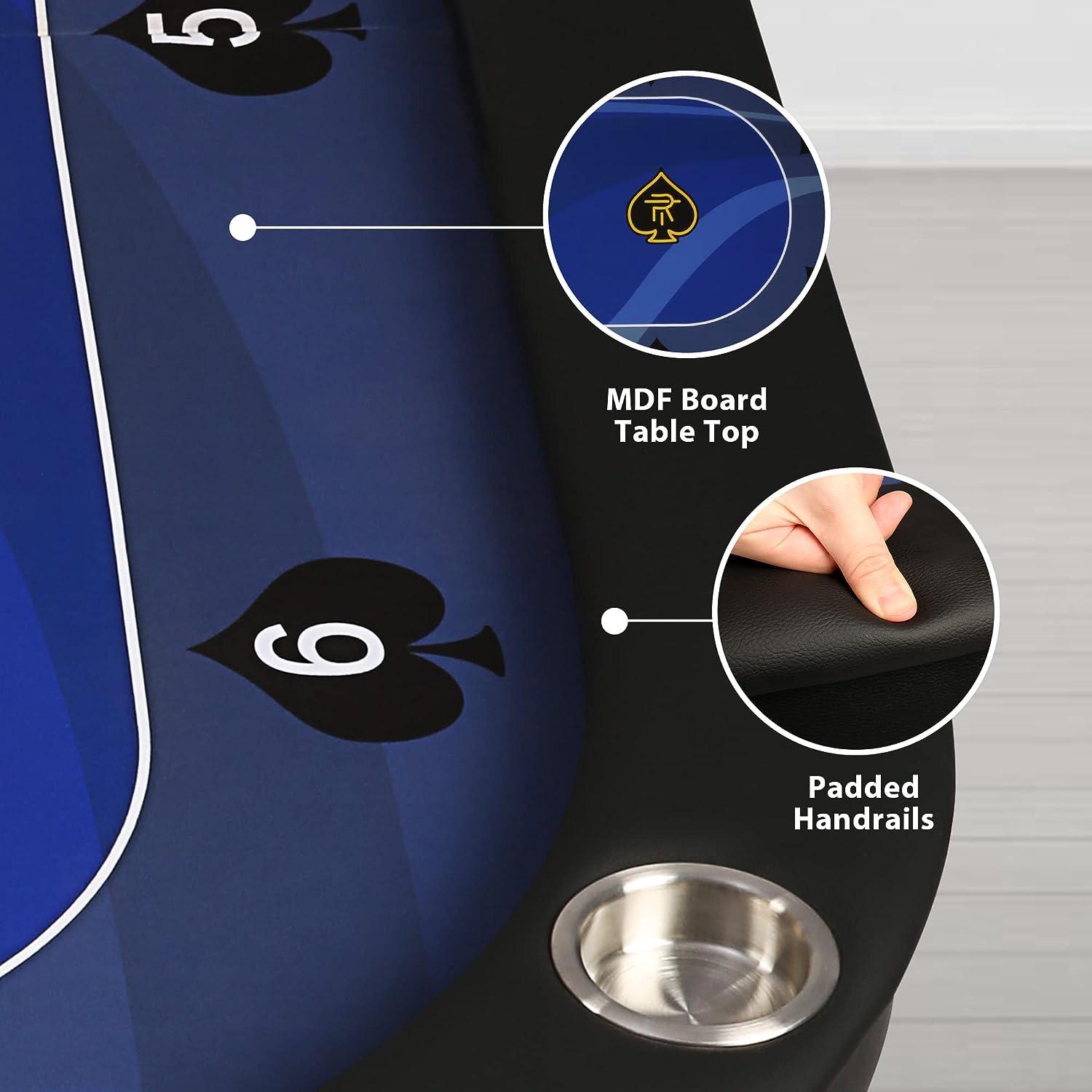 LUCKYERMORE 84" Folding Poker Table 10 Player Card Table with 10 Cup Holder for Texas Casino, Blue