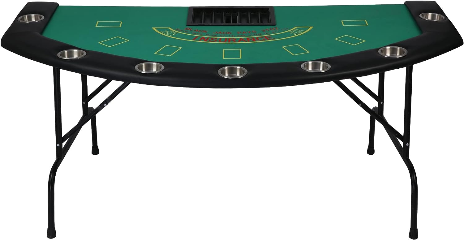 71" Folding Poker Table 7 Player Casino Game Table Removable Metal Cup Holder, Green