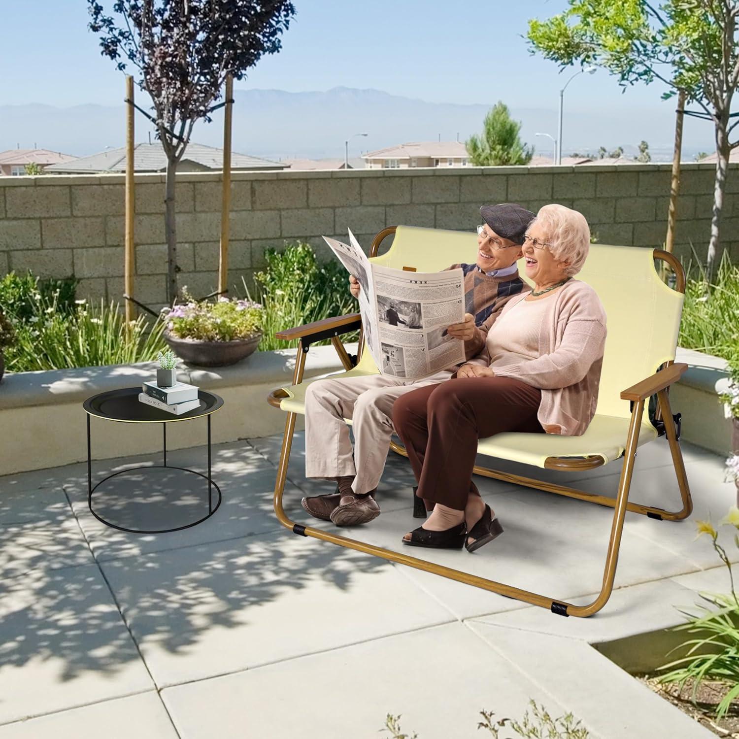 Double Portable Loveseat Folding Camping Chair with Armrest Aluminum Frame, Beige - Luckyermore