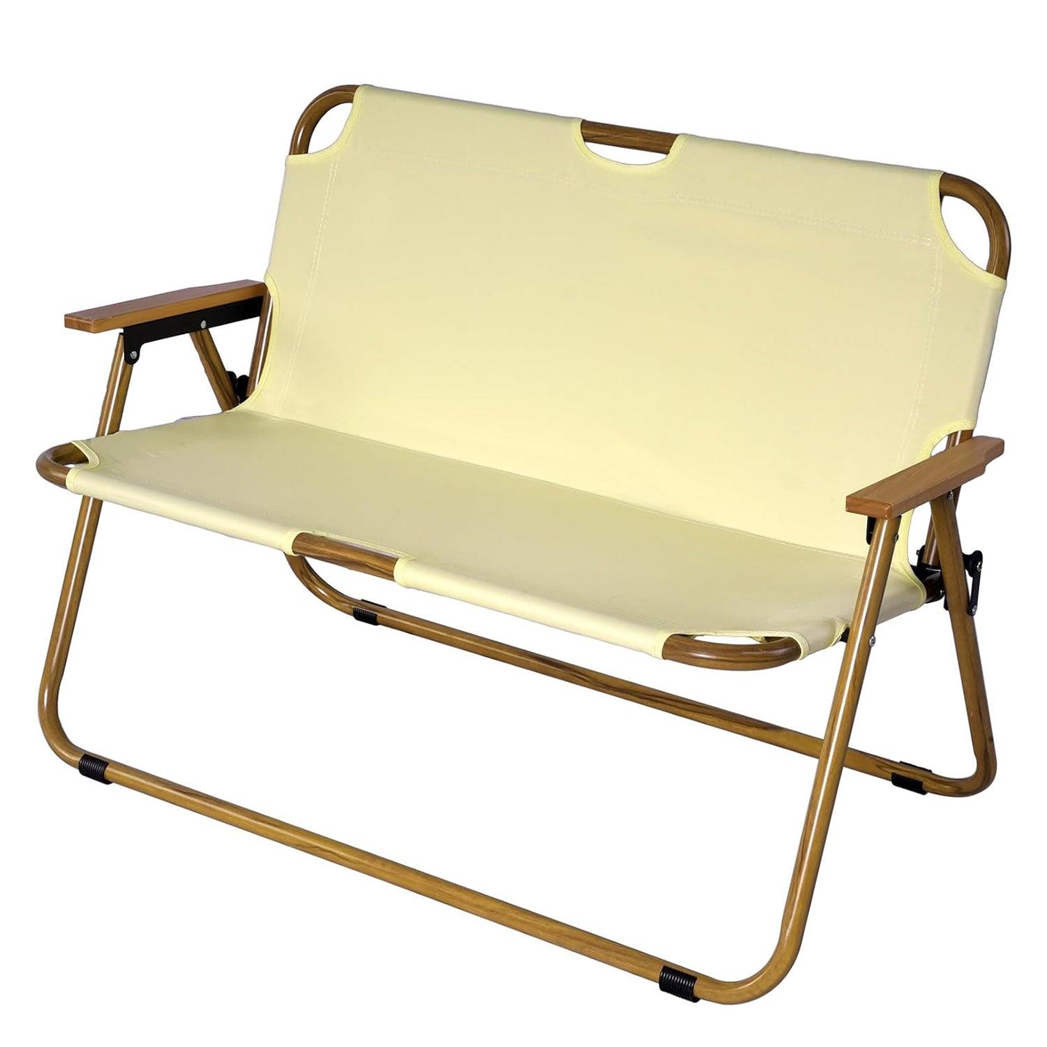 Double Portable Loveseat Folding Camping Chair with Armrest Aluminum Frame, Beige - Luckyermore