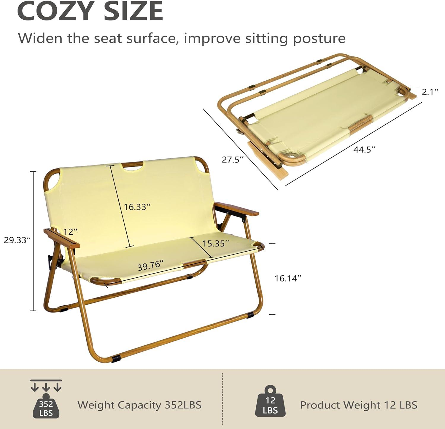 Double Portable Loveseat Folding Camping Chair with Armrest Aluminum Frame, Beige - Luckyermore