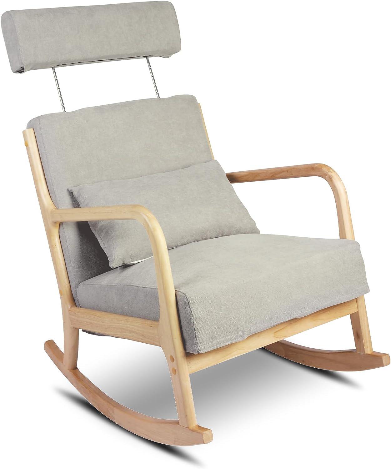 Upholstered Rocking Chair High Back Armchair with Extendable Headrest, Gray