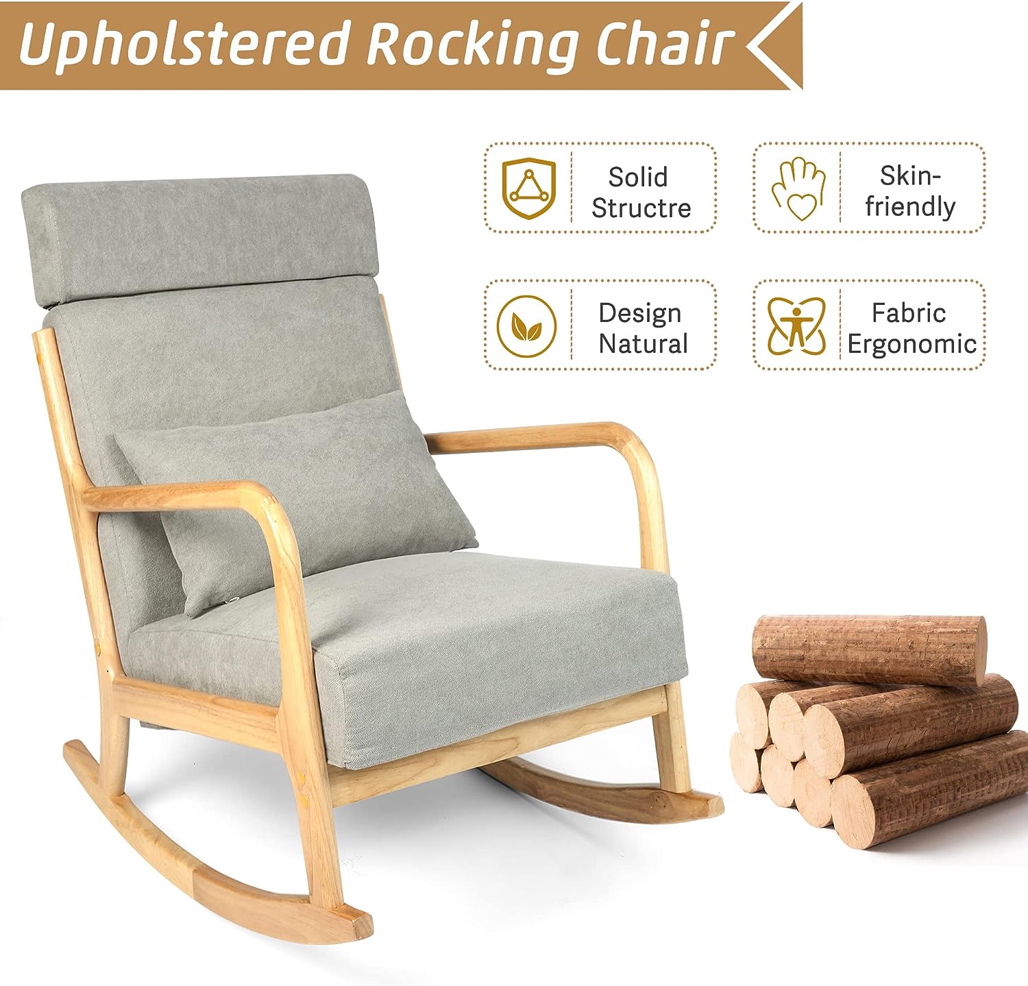 Upholstered Rocking Chair High Back Armchair with Extendable Headrest, Gray