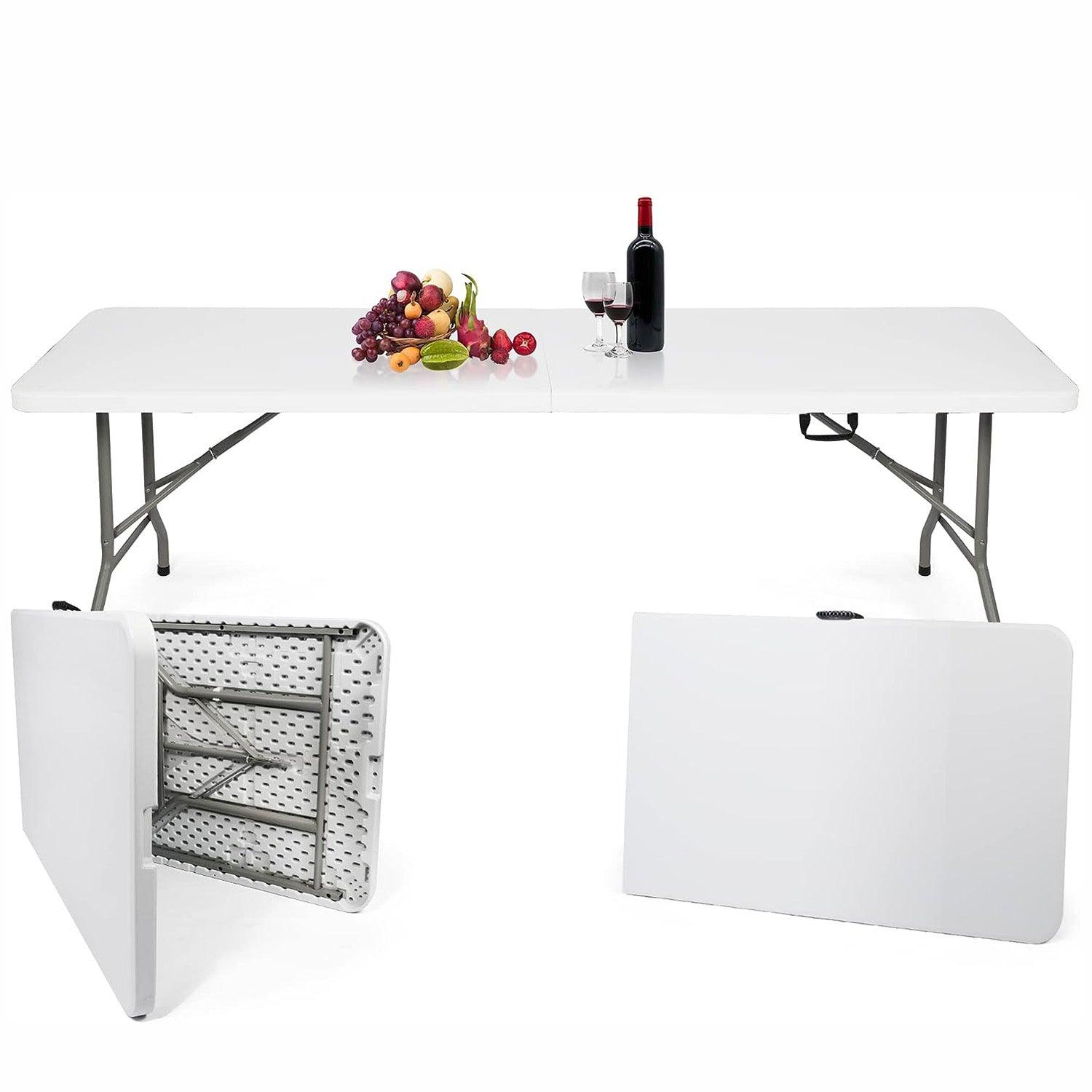 LUCKYERMORE 8ft Portable Folding Plastic Table for 8-10 Picnic Dining Table 96" with Carry Handle, White