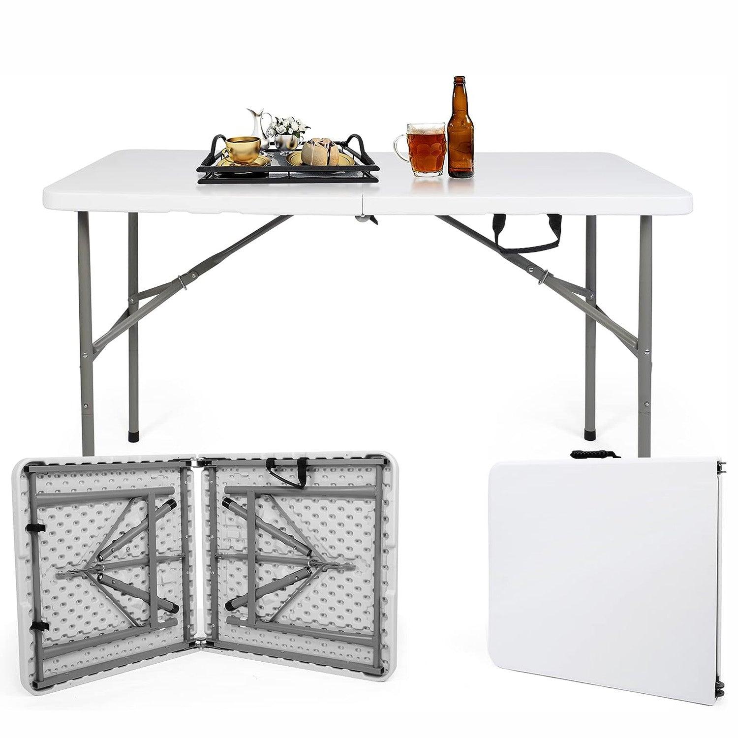 LUCKYERMORE 4ft Portable Folding Plastic Table for 4-6 Picnic Dining Table 48" with Carry Handle, White