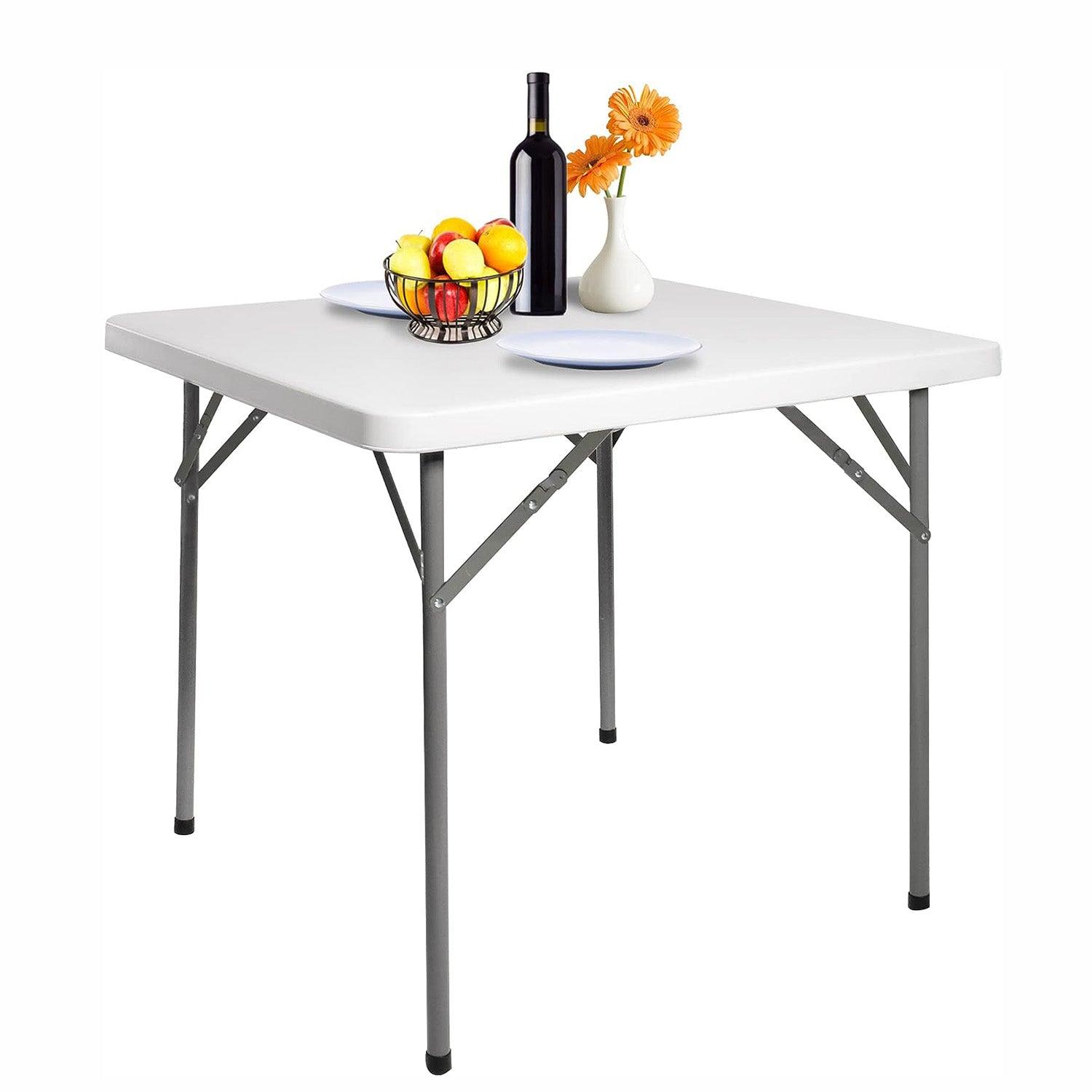 LUCKYERMORE 34" Portable Folding Plastic Square Table for 4 Picnic Dining Table with Carry Handle, White
