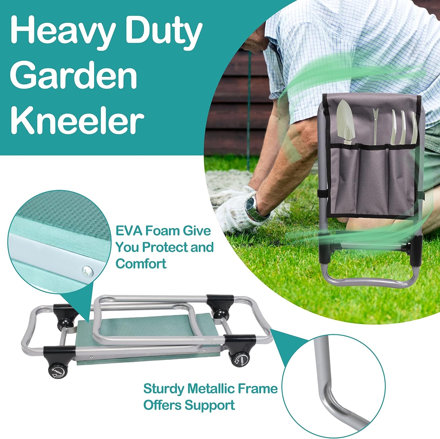 LUCKYERMORE Upgrade Garden Kneeler Seat Garden Stools Bench with 2 Tool Pouches, Green