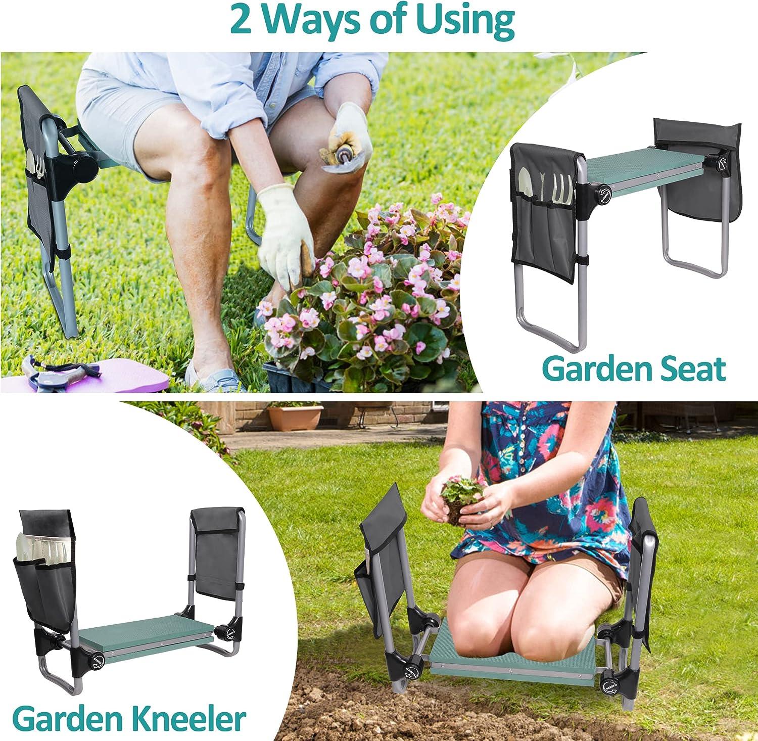 LUCKYERMORE Upgrade Garden Kneeler Seat Garden Stools Bench with 2 Tool Pouches, Green