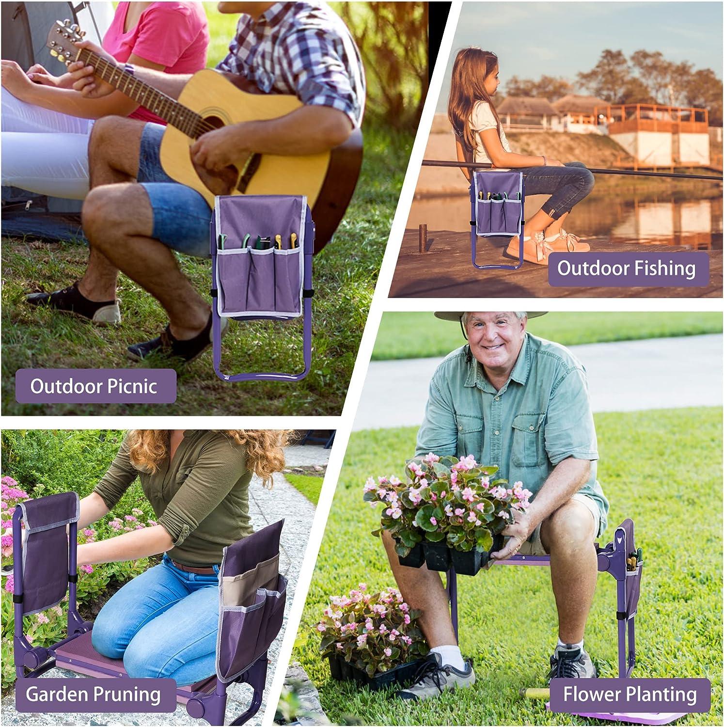 LUCKYERMORE Upgrade Garden Kneeler Seat Garden Stools Bench with 2 Tool Pouches, Purple
