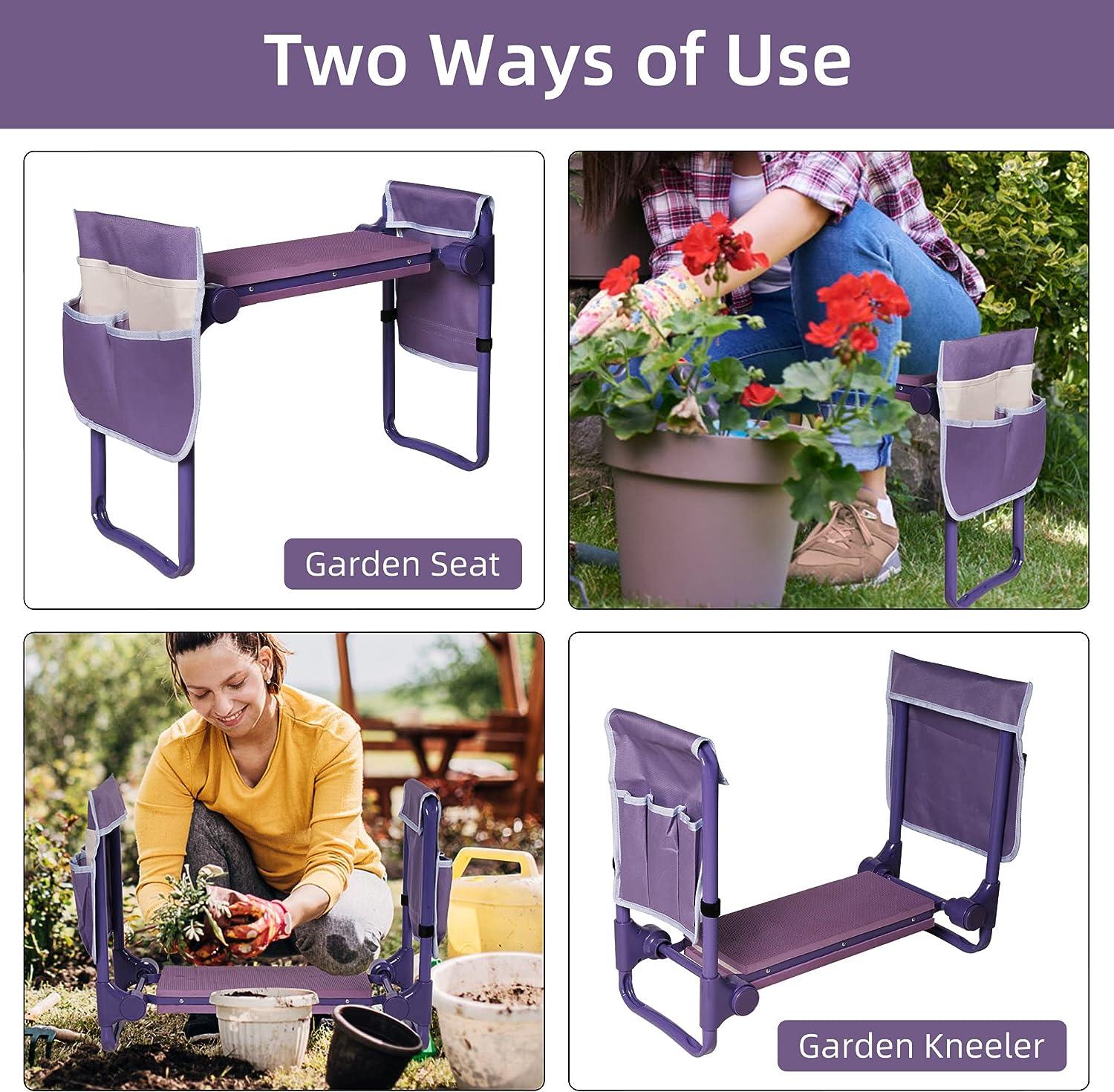 LUCKYERMORE Upgrade Garden Kneeler Seat Garden Stools Bench with 2 Tool Pouches, Purple