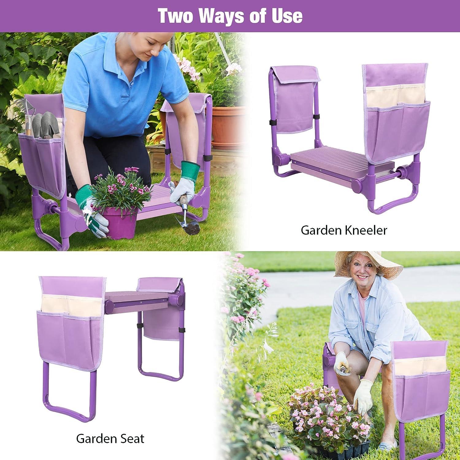 LUCKYERMORE Widen Upgrade Garden Kneeler Seat Garden Stools Bench with 2 Tool Pouches, Purple