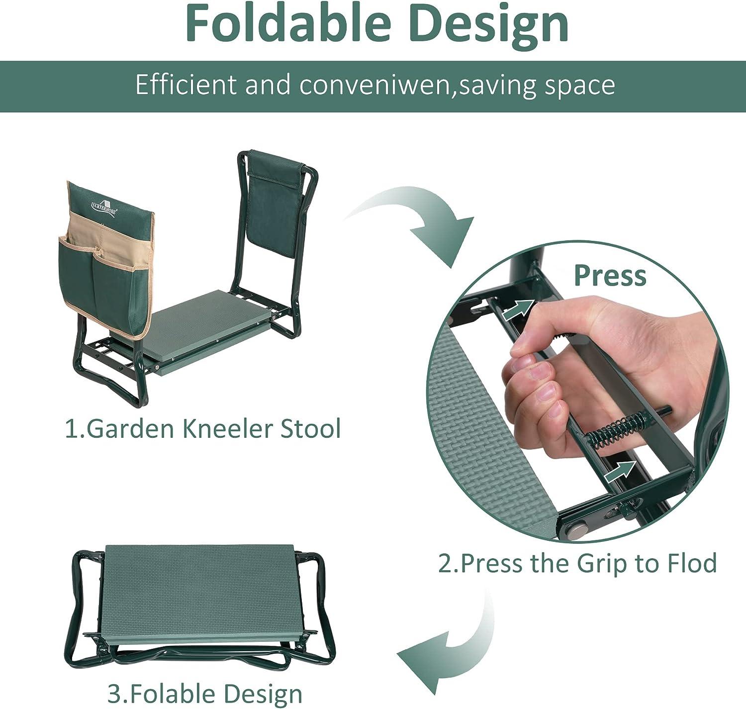 LUCKYERMORE Widen Garden Kneeler Folding Garden Stools Bench and Seat with 2 Tool Pouches