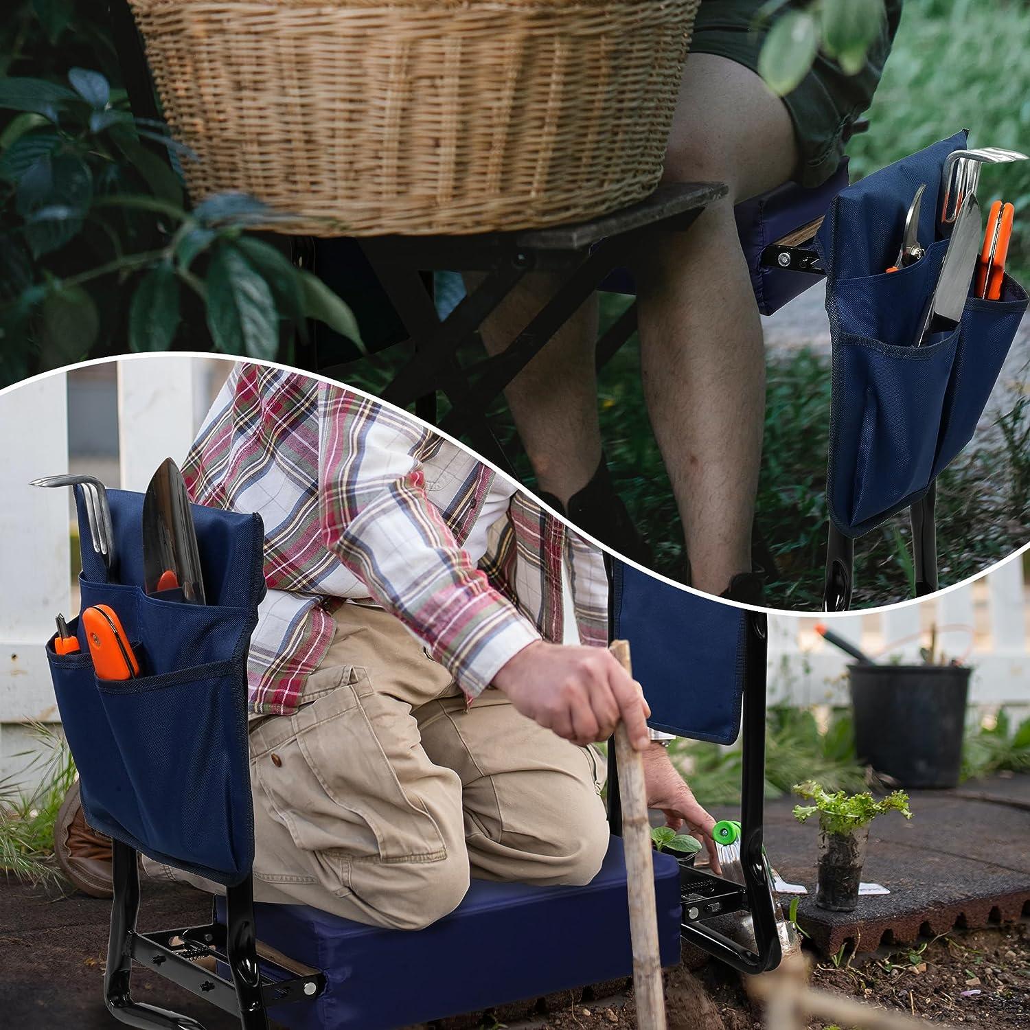 LUCKYERMORE Wider Garden Kneeler Folding Garden Stools Bench and Seat with 2 Tool Pouches, Blue