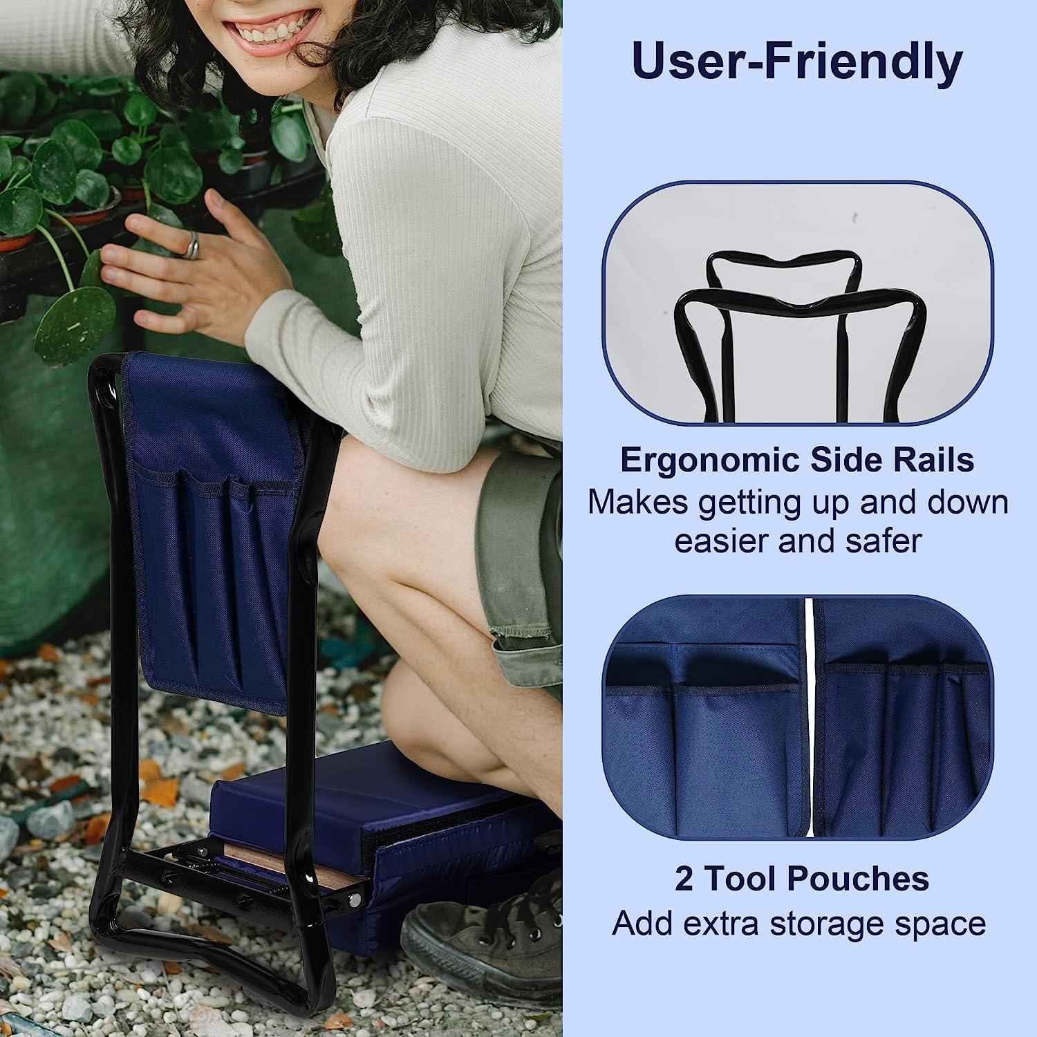LUCKYERMORE Wider Garden Kneeler Folding Garden Stools Bench and Seat with 2 Tool Pouches, Blue