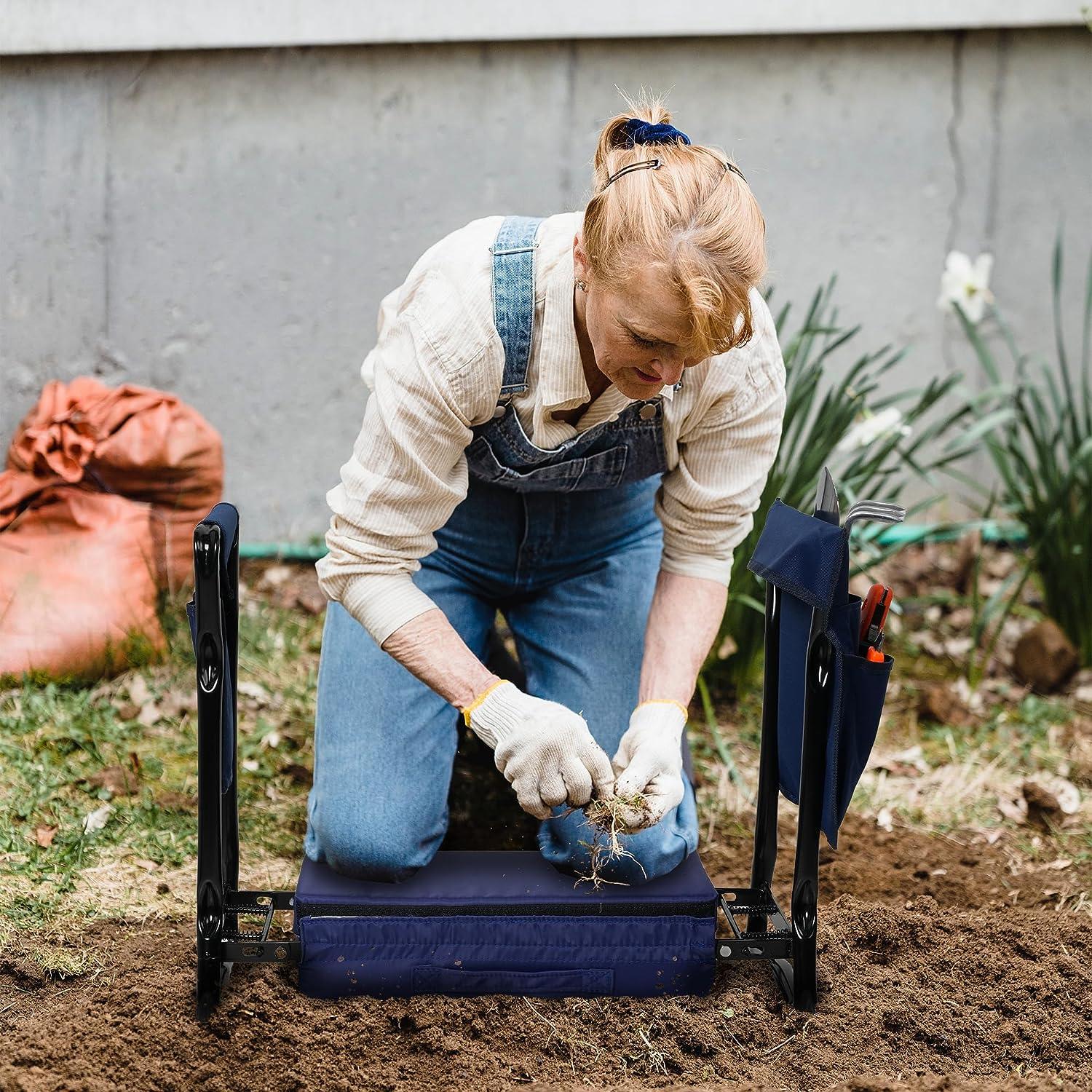 LUCKYERMORE Wider Garden Kneeler Folding Garden Stools Bench and Seat with 2 Tool Pouches, Blue