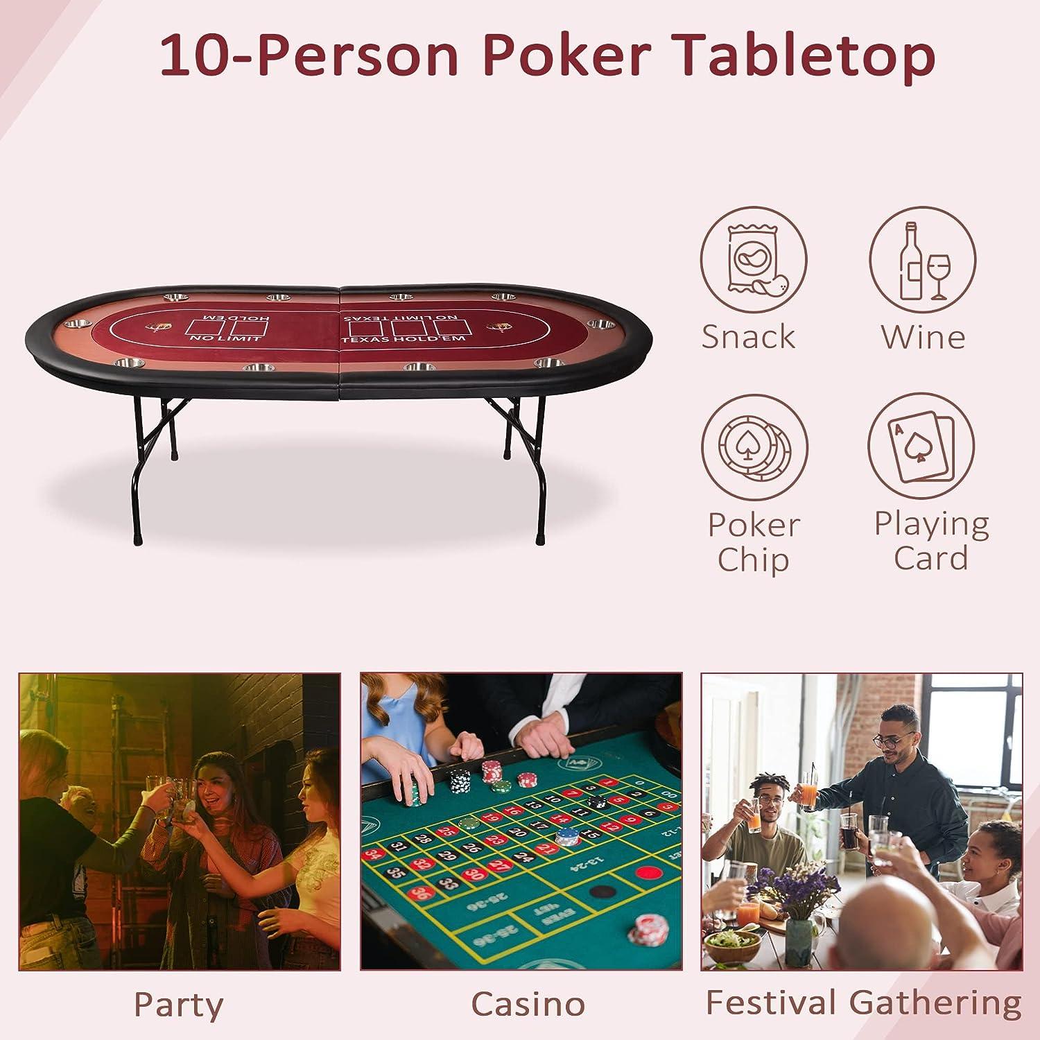 LUCKYERMORE 90.5" Large Folding Poker Table 10 Player Casino Texas Holdem Table for Card Game, Red